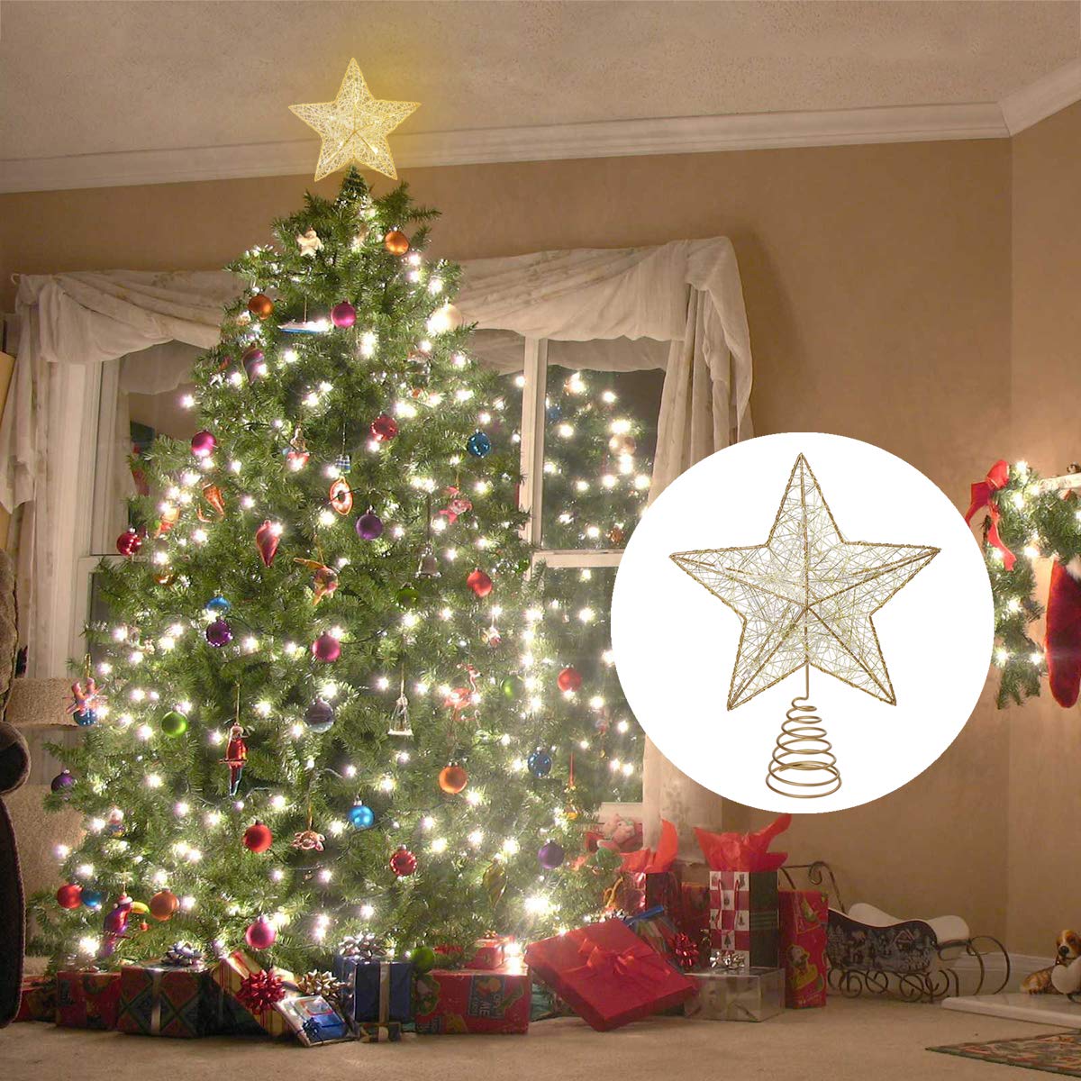 Estrella de Cinco Puntas Árbol de Navidad LED Topper Metal Oro