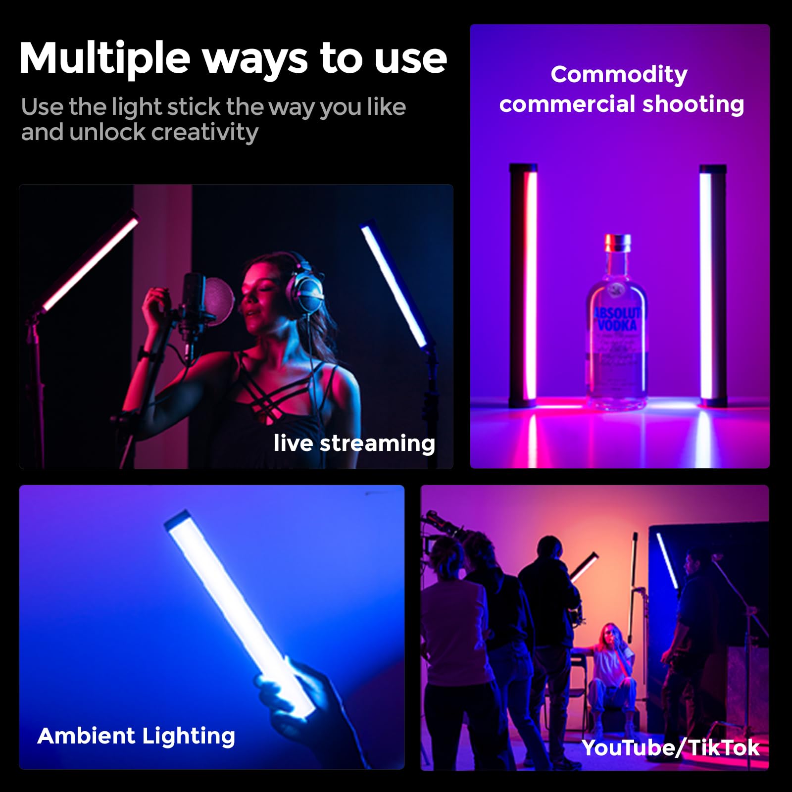 PHOTOOLEX Tubo de luz RGB, barra magnética de mano de 5200 mAh, varita de iluminación de video LED a todo color de 360°, 2500 K-9900 K, 21 escenas, CRI 96+, para fotografía de estudio, grabación de