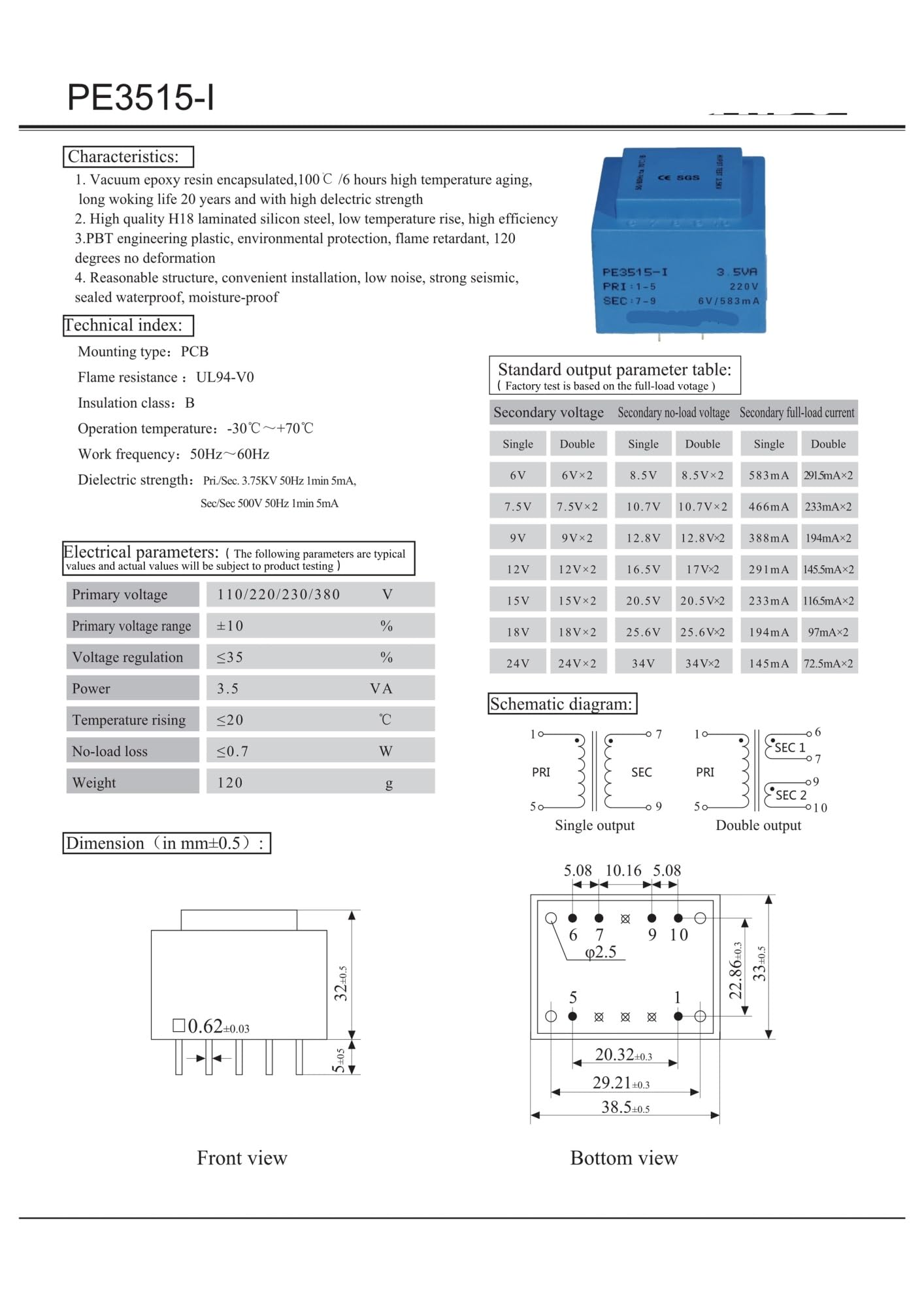 Transformador de Aislamiento PE3515-I 3,5 VA 220 V / 6 V x 2/7,5 V x 2/9 V x 2/12 V x 2/15 V x 2/18 V x 2/24 V x 2