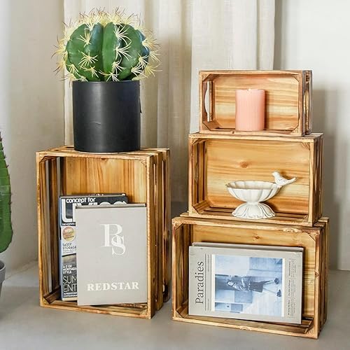 Miniatura 6 de Juego de 4 cajas de madera grandes decorativas con asas, cajas de madera rústicas de granja para exhibición, organizador de sala de estar, cestas