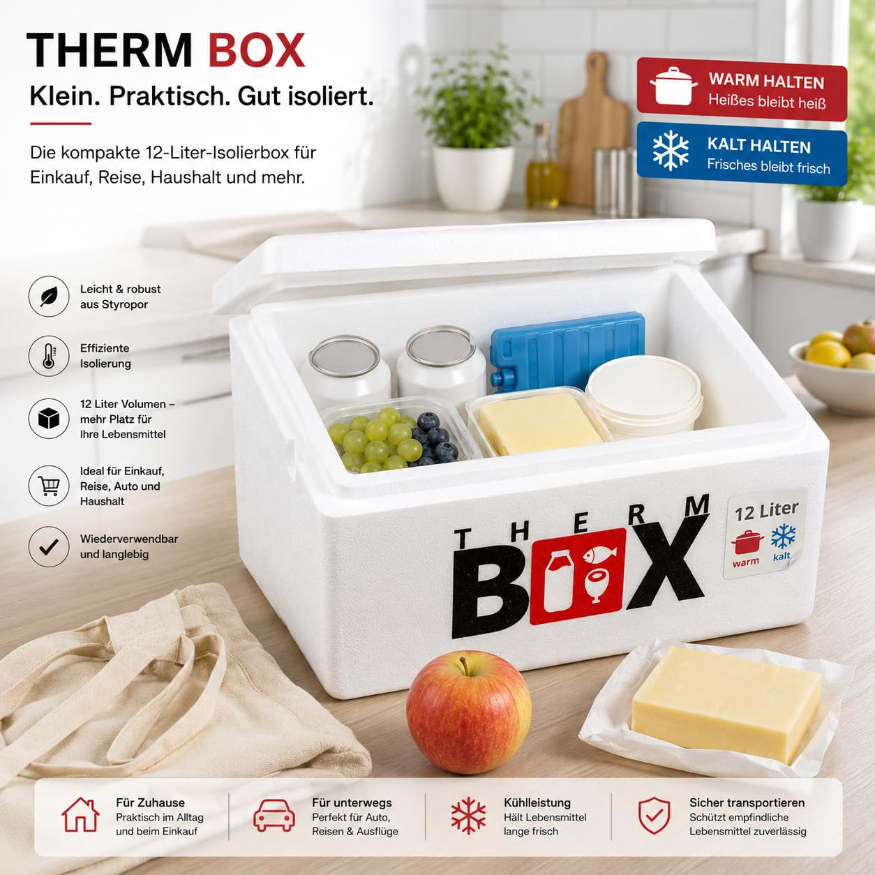 THERM BOX Scatola di polistirolo Thermobox per alimenti e bevande - Scaldabagno e refrigeratore in polistirolo (40x30x21cm - 12,24L volume) Riutilizzabile