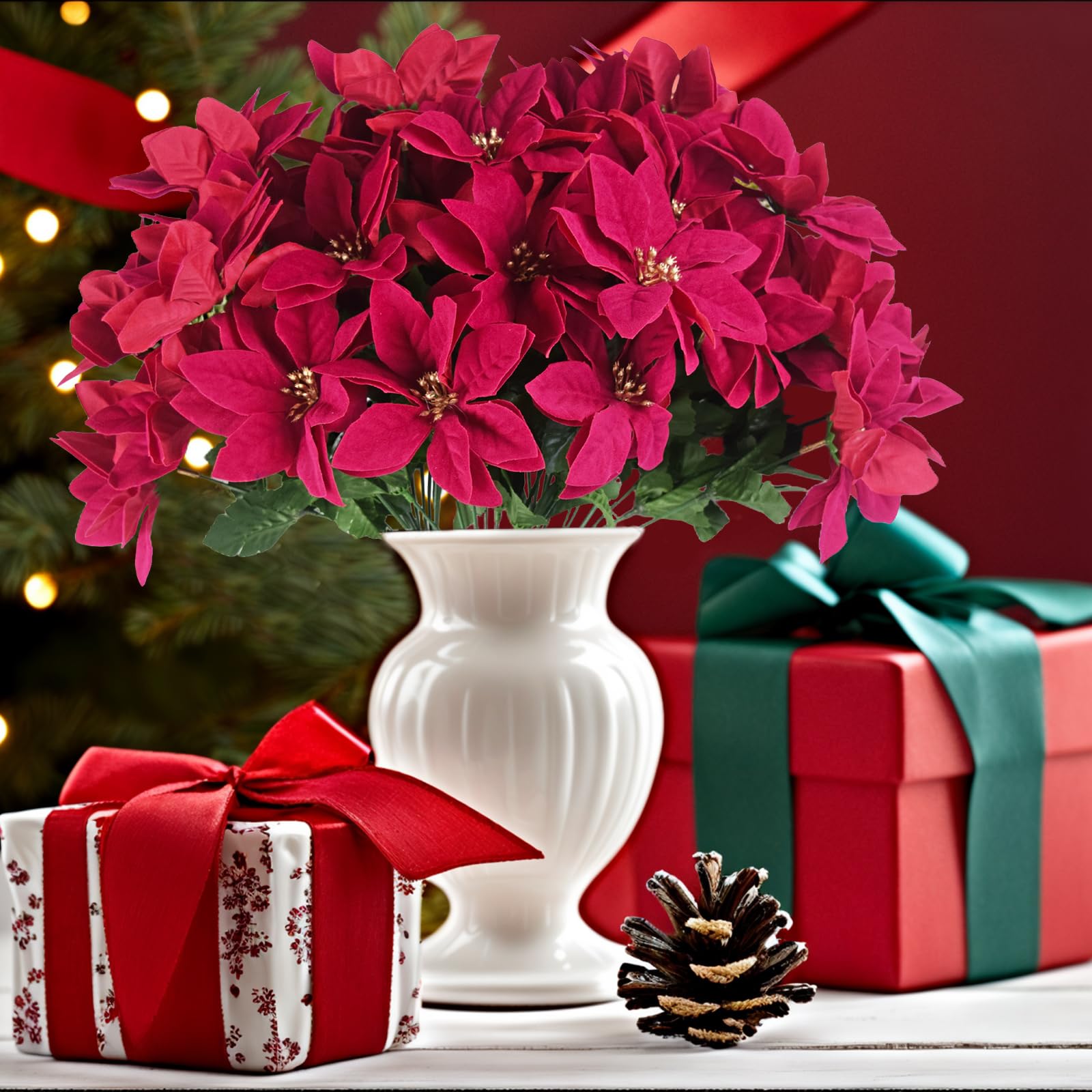 Kinisty Artificial Poinsettia Bushes 5 Pack Fake Flowers Red Faux Christmas Flowers Bouquet 7 Heads - Image 2