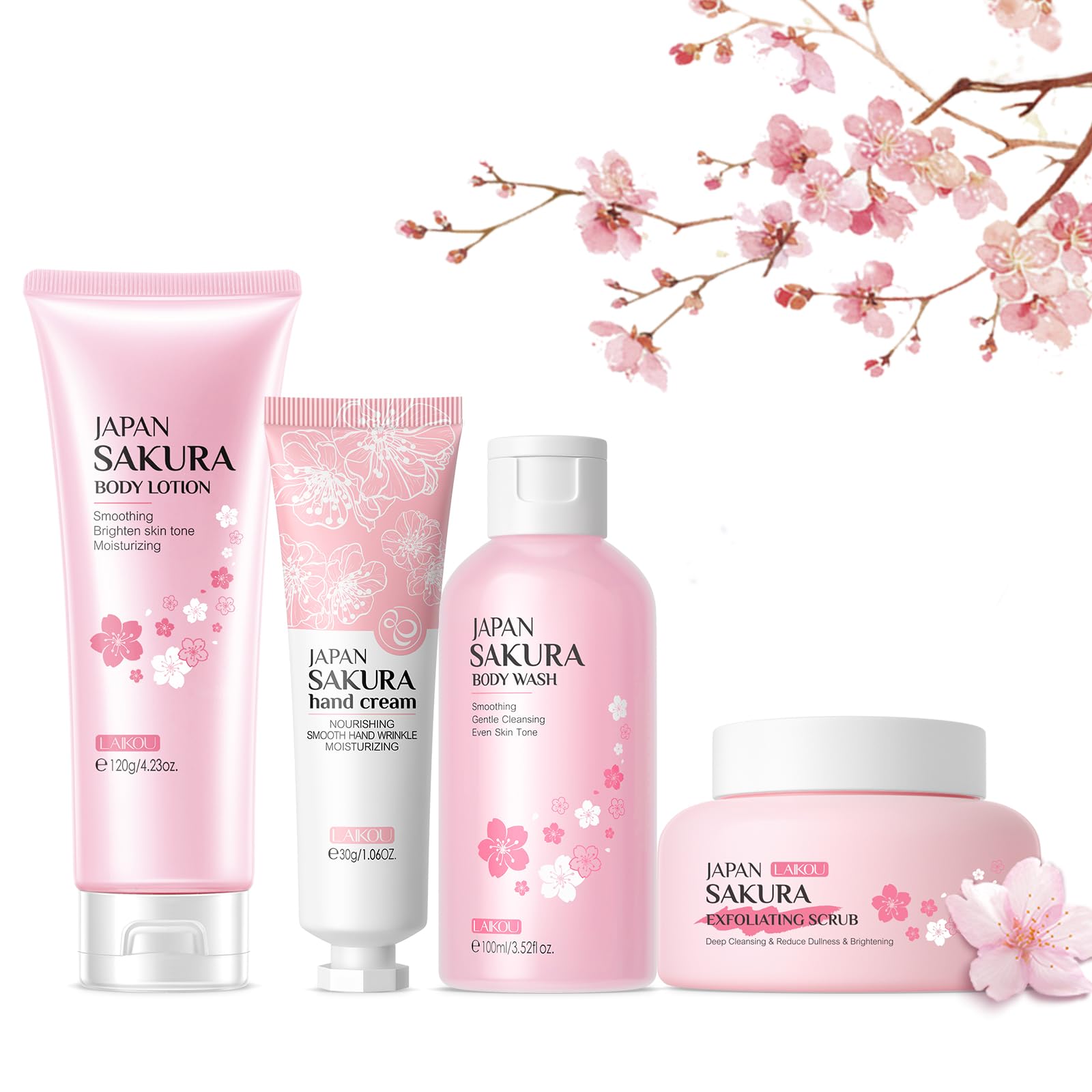 LAIKOU Sakura Body Care Set, Hydration & Radiance Pamper Skincare Set - Body Wash,Body Lotion,Hand Cream & Exfoliating Scrub, Spa Self Care Gift Set for Her, Womens Gift Sets, Christmas Birthday Gift