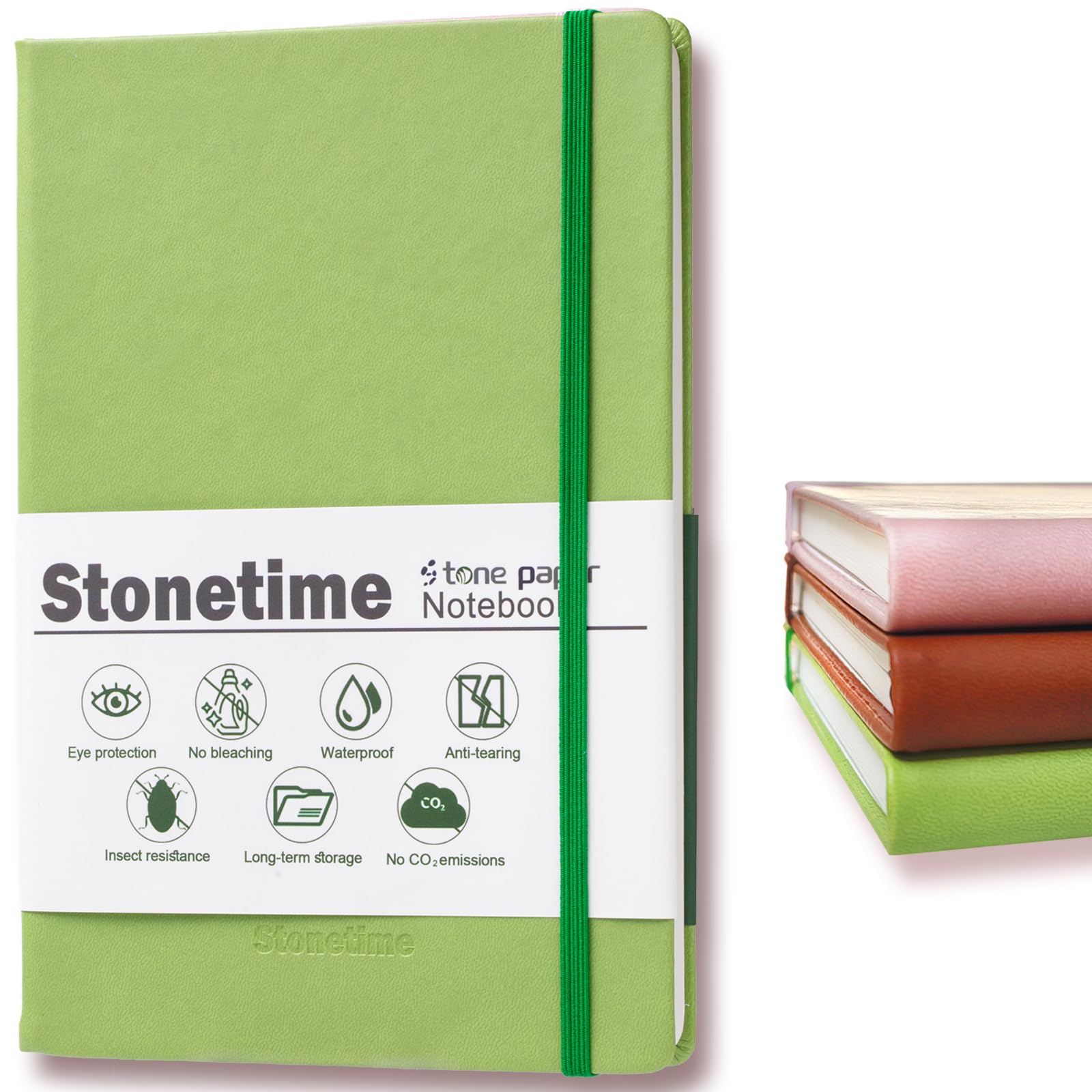 Stonetime Stone Paper Notebook per Donne Uomini, A5 Notebook Impermeabile con Copertina Rigida Diario Esecutivo, Quaderni a Righe per Lavoro, Affari, Scrittura, Scuola, 160 Pagine (Verde)
