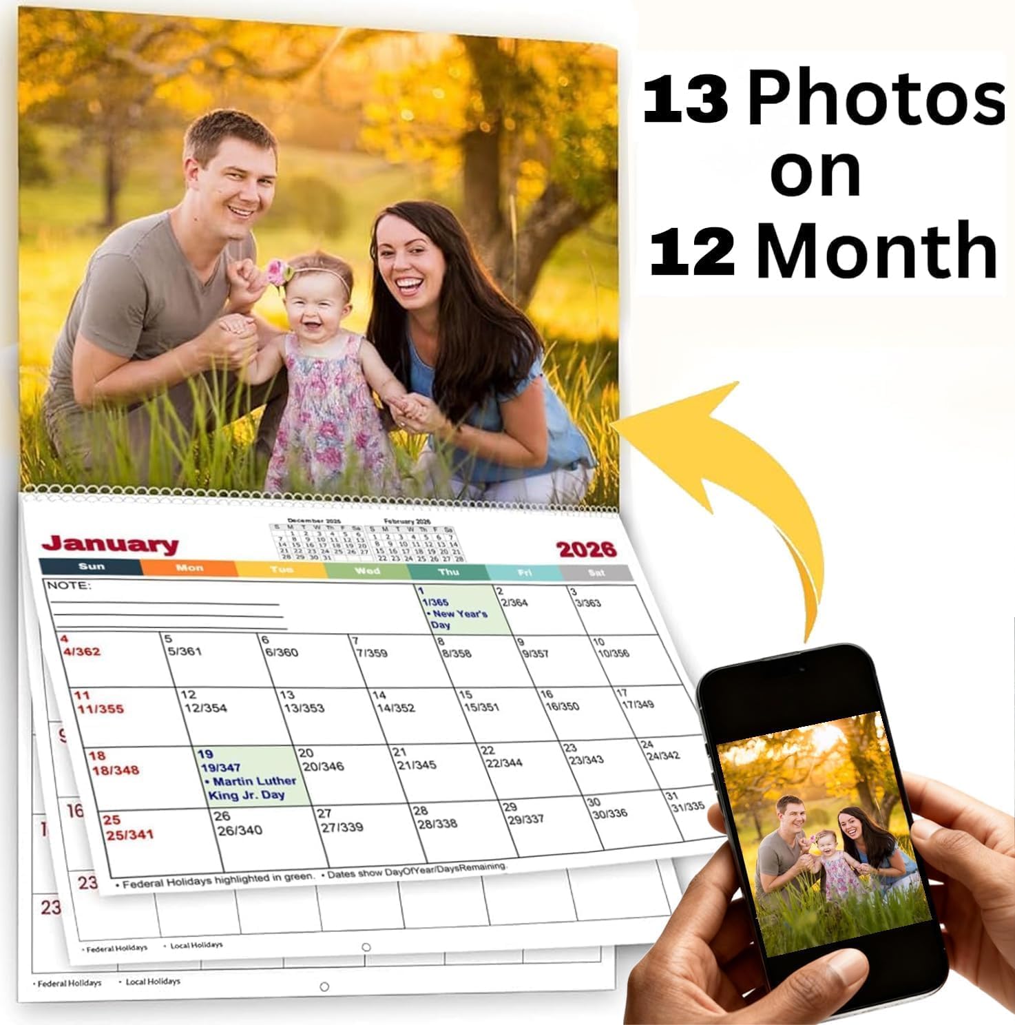 Custom Photo Wall Calendar 2026 Large 11"×17" Personalized Family & Office Photo, Print Your 13 Memories Perfect for Parties, Birthdays & Christmas Gifts