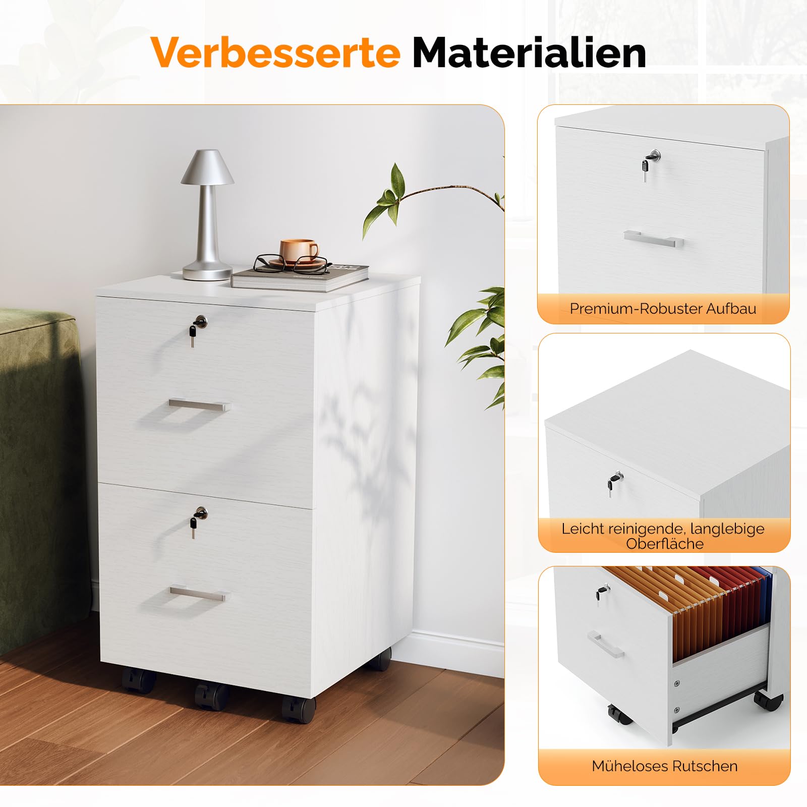 Bonnlo mobiler Aktenschrank 2 Schubladen für Büro, Homeoffice, weiß, Holz