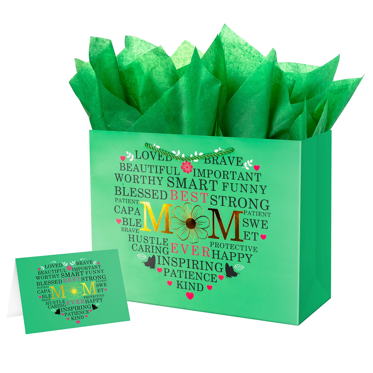ysmile Large Gift Bag with Wrapping Tissue for Mother's Day 12.6" Flower Heart - Best Mom