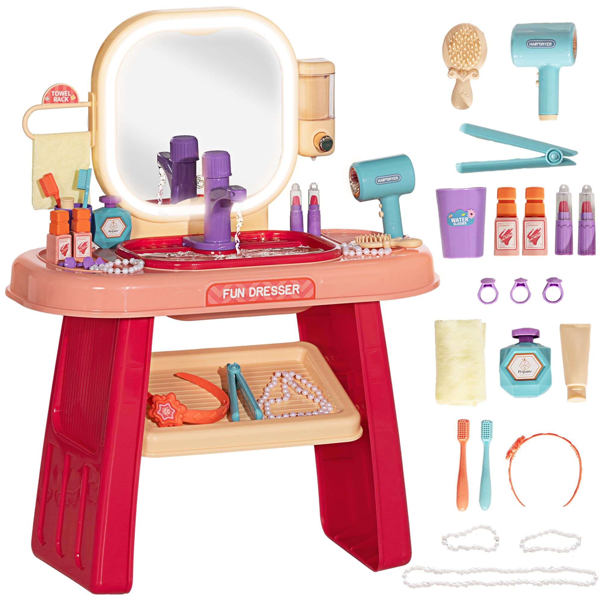 Qaba Kids Vanity Set, Toddler Makeup Table with Faucet, Mirror, LED Light, Music, 23 Accessories, Pretend Play Set for Girls 3-6 Years, Pink