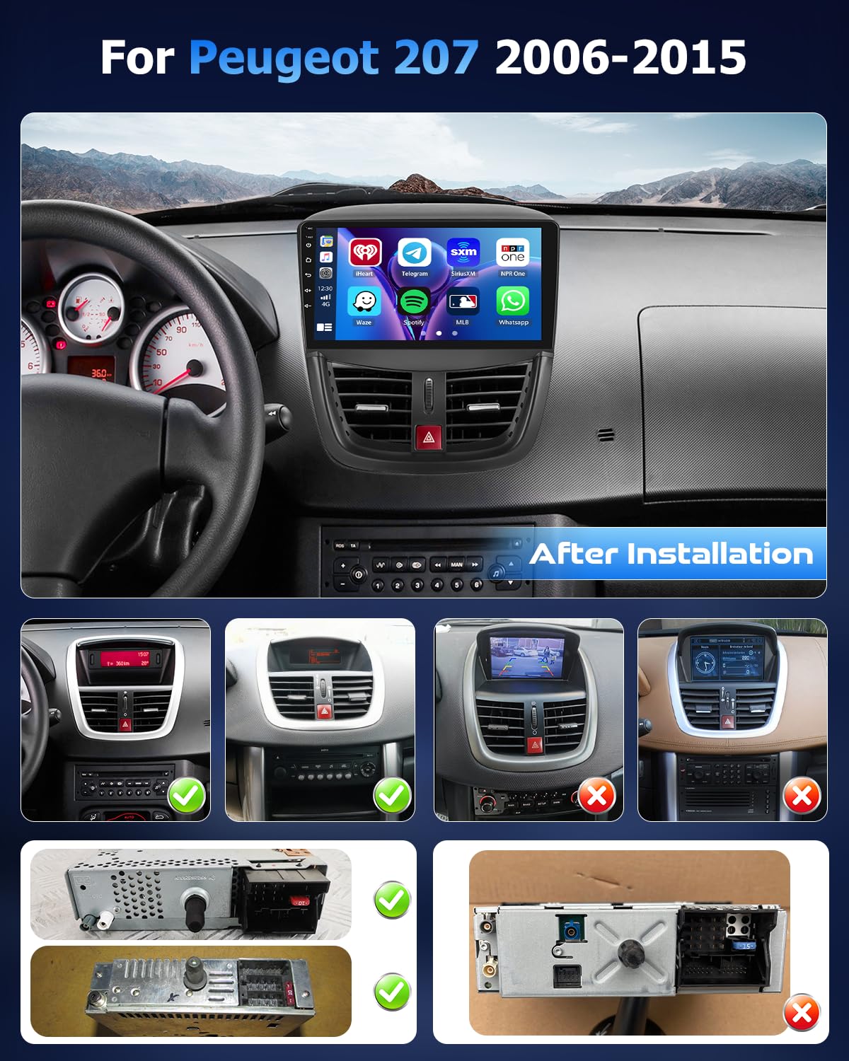 Hikity 4+64G Autoradio avec CarPlay Android Auto pour Peugeot 207 2006-2015