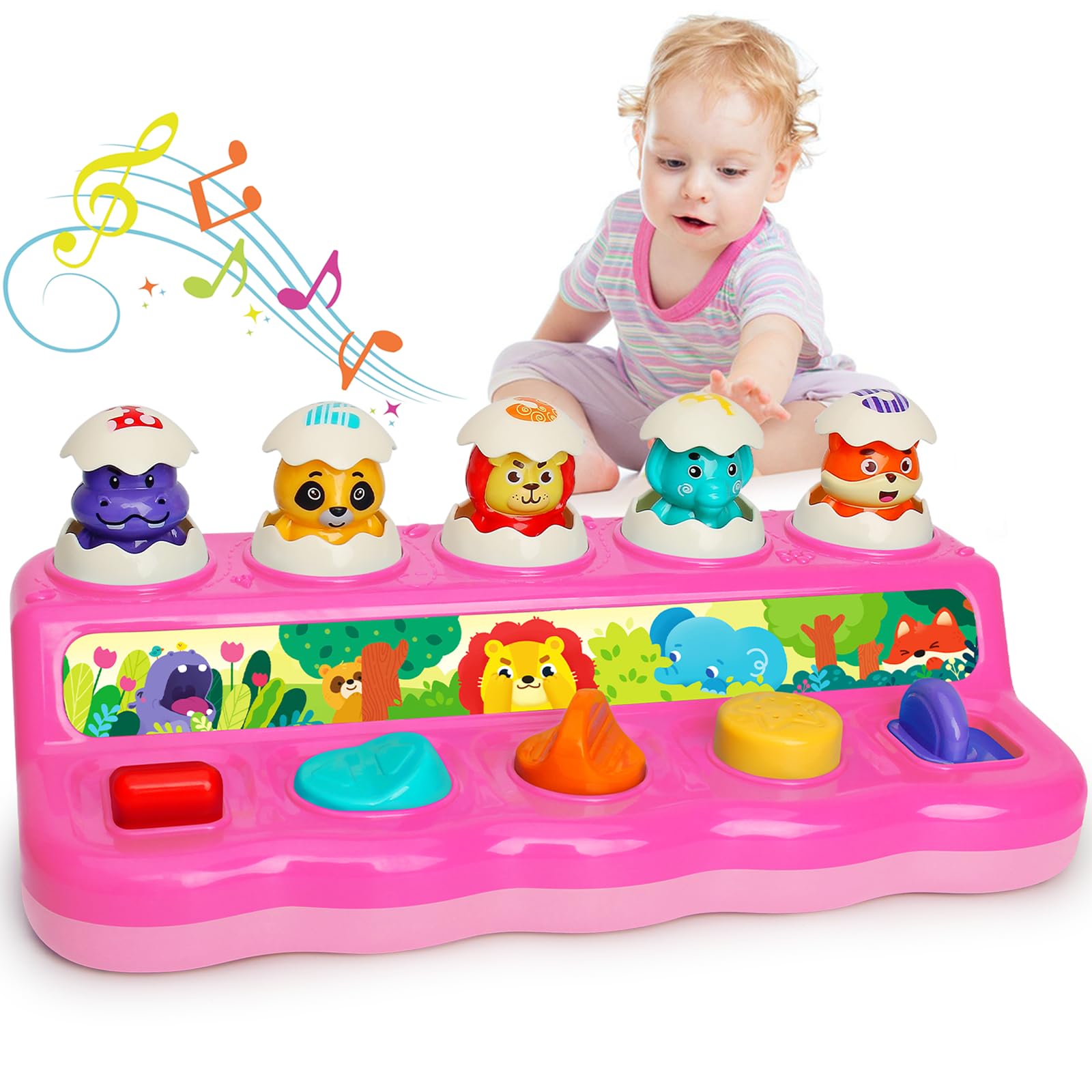 Wanonoo Pop Up Montessori Toys for 1 Year Old Girls Gifts, Toddlers Toy 1-2 Year Old Baby Toys 12-18 Month Educational Musical Toys Interactive Pop Up Toy Birthdays Gift Presents for Kid Babies (Pink)