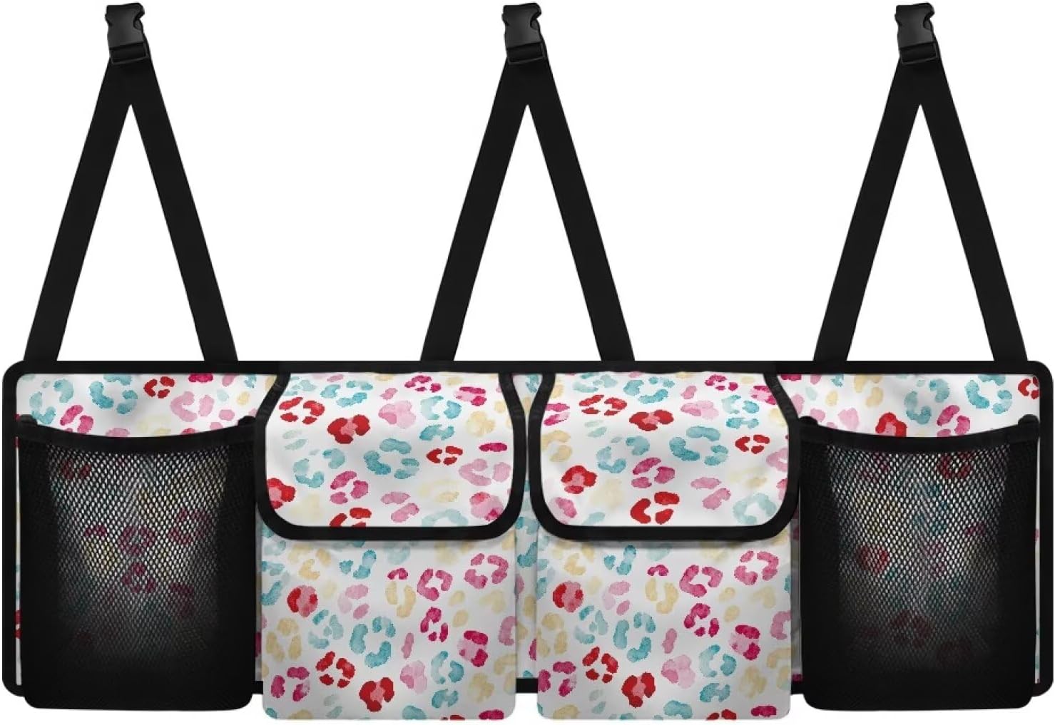 Colorful Leopard Backseat Car Organizer, Durable Trunk Organizer with 4 Pockets & Buckle Straps, Waterproof Hanging Automotive Storage Bag for SUV Van Sedan When Trip