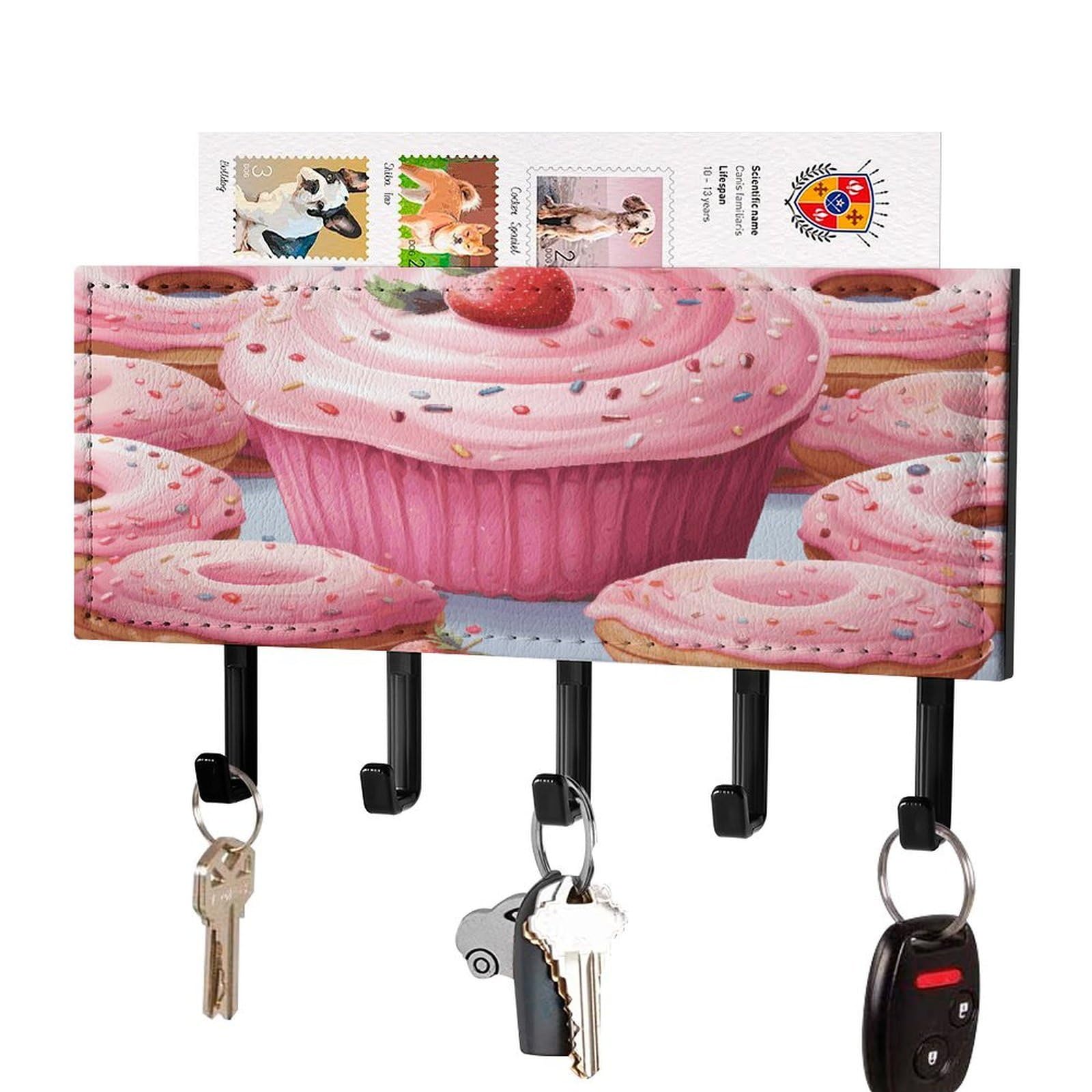 FekiLoot Pink Donut and Cupcake Key Holder for Wall Decorative Mail Organizer with 5 Key Hook Self Adhesive Key Rack with Tray Coat Rack Wall Mount Key Hanger Decor for Entryway Door