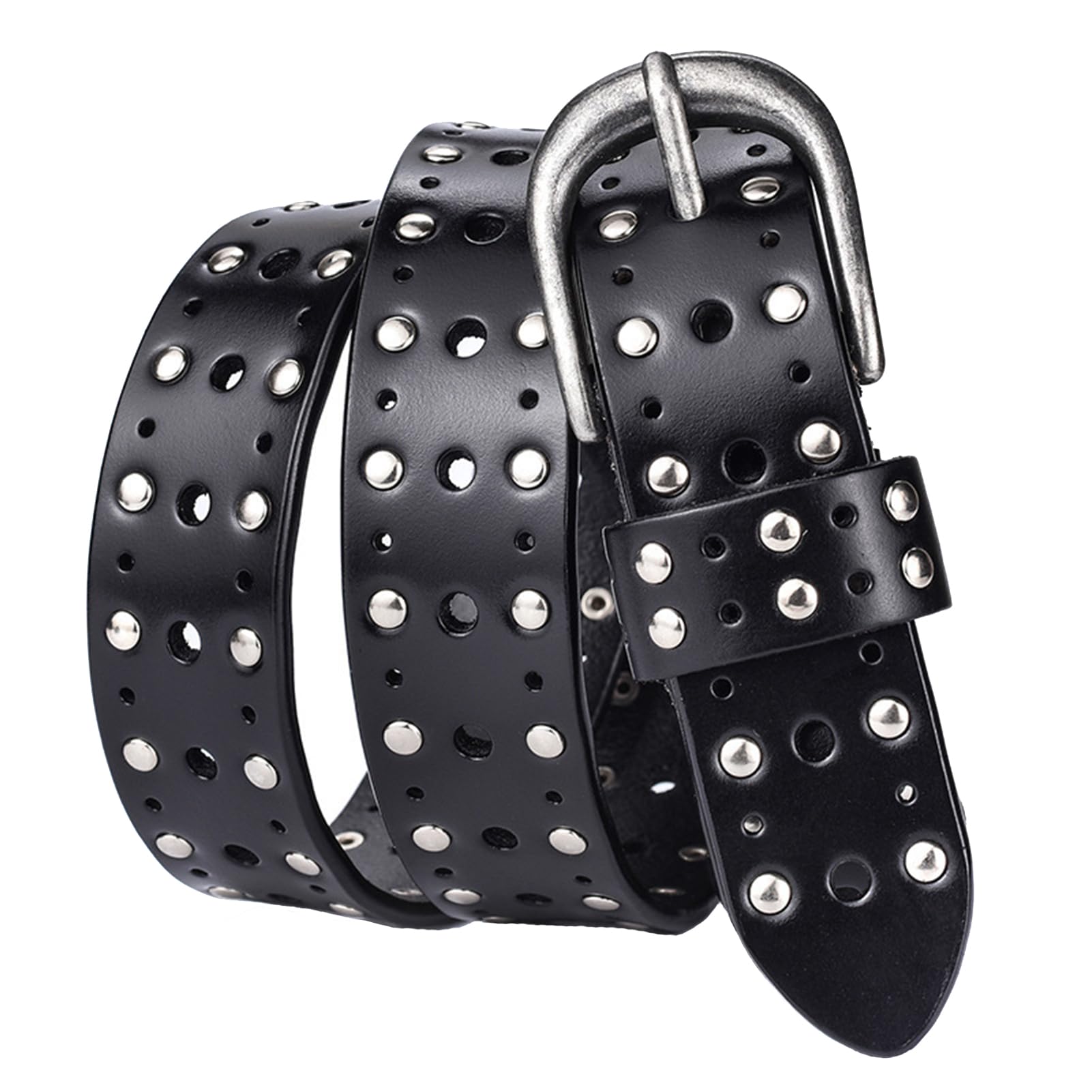 pasek, Paski z ćwiekami damskie i męskie, dwurzędowe, ze srebra próby 925, skóry naturalnej, do jeansów spodni, szerokość 2,8 cm(Black,105cm/waist:34"~36")