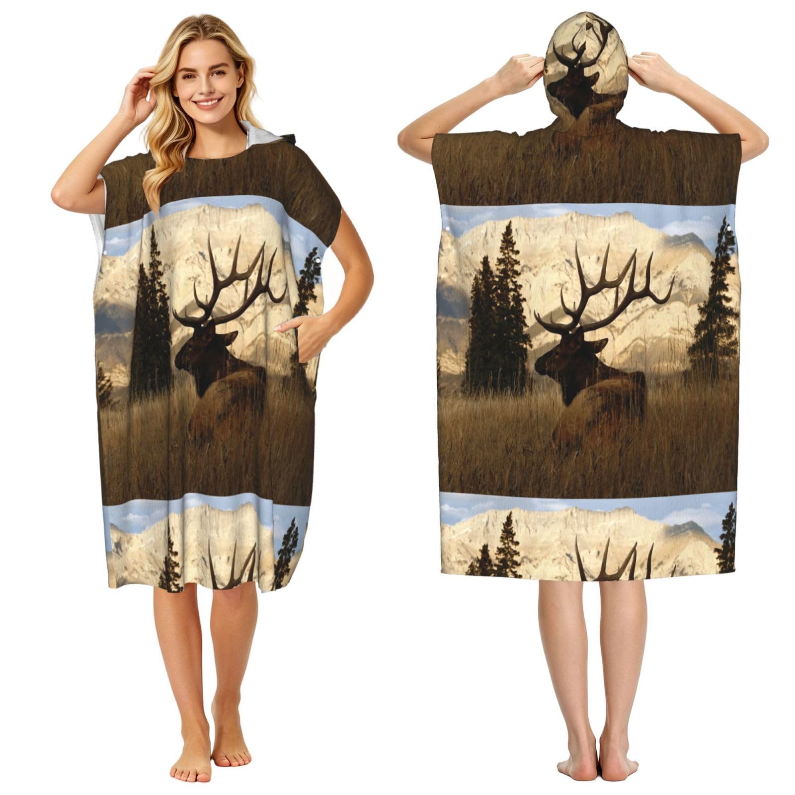 Poadnly Elk, Adult Hooded Beach Towel 90 x 110 cm,Changing Bath Robe, Surf Poncho Towel For Women Men