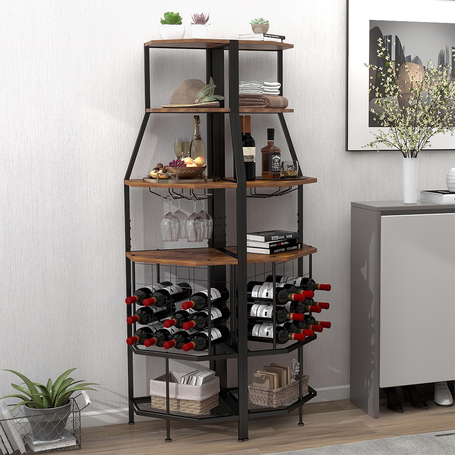 Portabottiglie Angolare 5 Ripiani Con Portabicchieri | In Legno E Metallo Nero, 171x36x36 Cm, Per Cantinetta Bar - 2