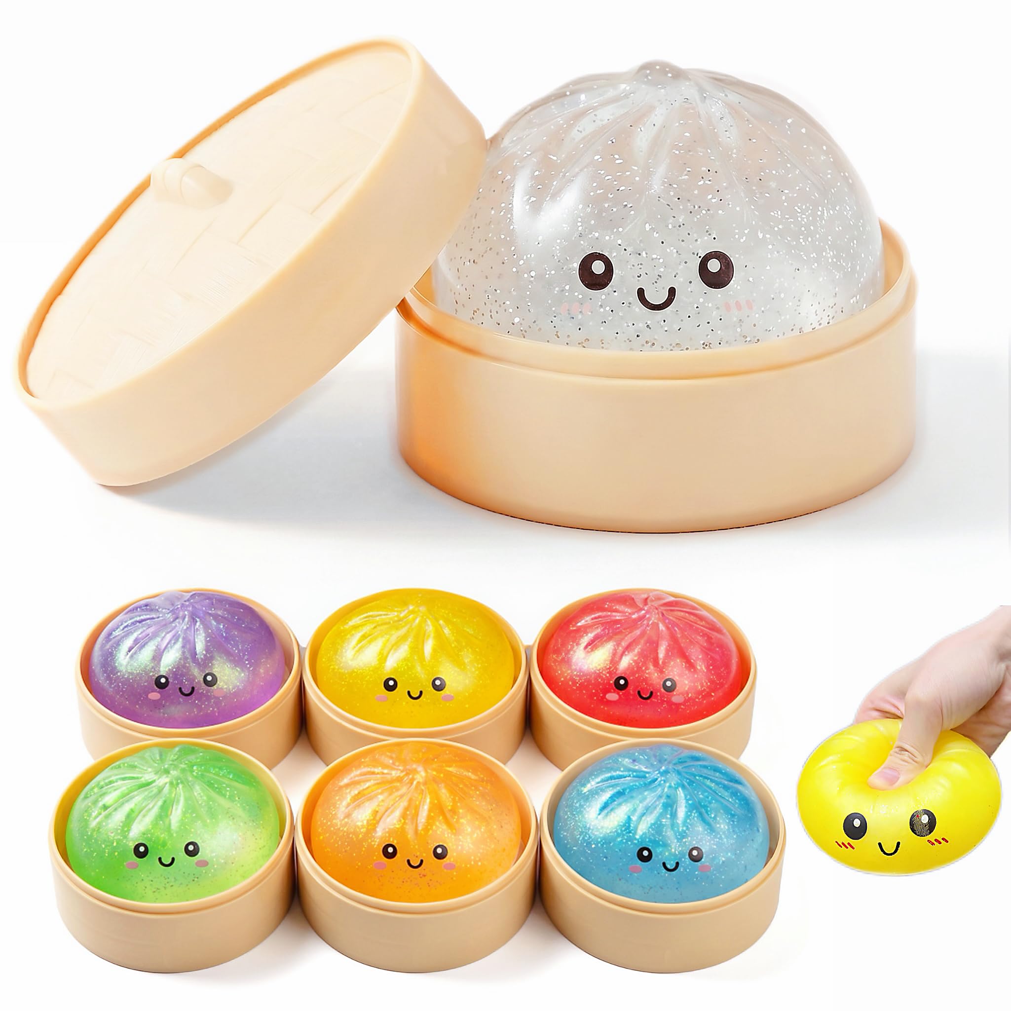 Photo 1 of 1 PCS Dumpling Stress Ball, Glitter Sugar Squishy Fidget Toys, Random Colors Sensory Dumpling Stress Relief Fidget Toys, Slow Rising Squeeze Sugar Squishy Ball with Steamer for Kids Adults Desk Decor