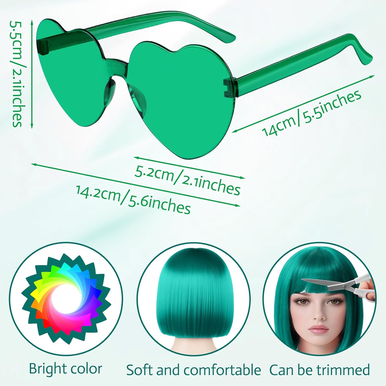 MEEZY Blue Green Short Bob Wigs Straight Hair with Flat Bangs Heart Sunglasses for Women, Colorful Funny Cosplay Party Neon Wig Synthetic Natural As Real Carnival Halloween Costume - Image 6