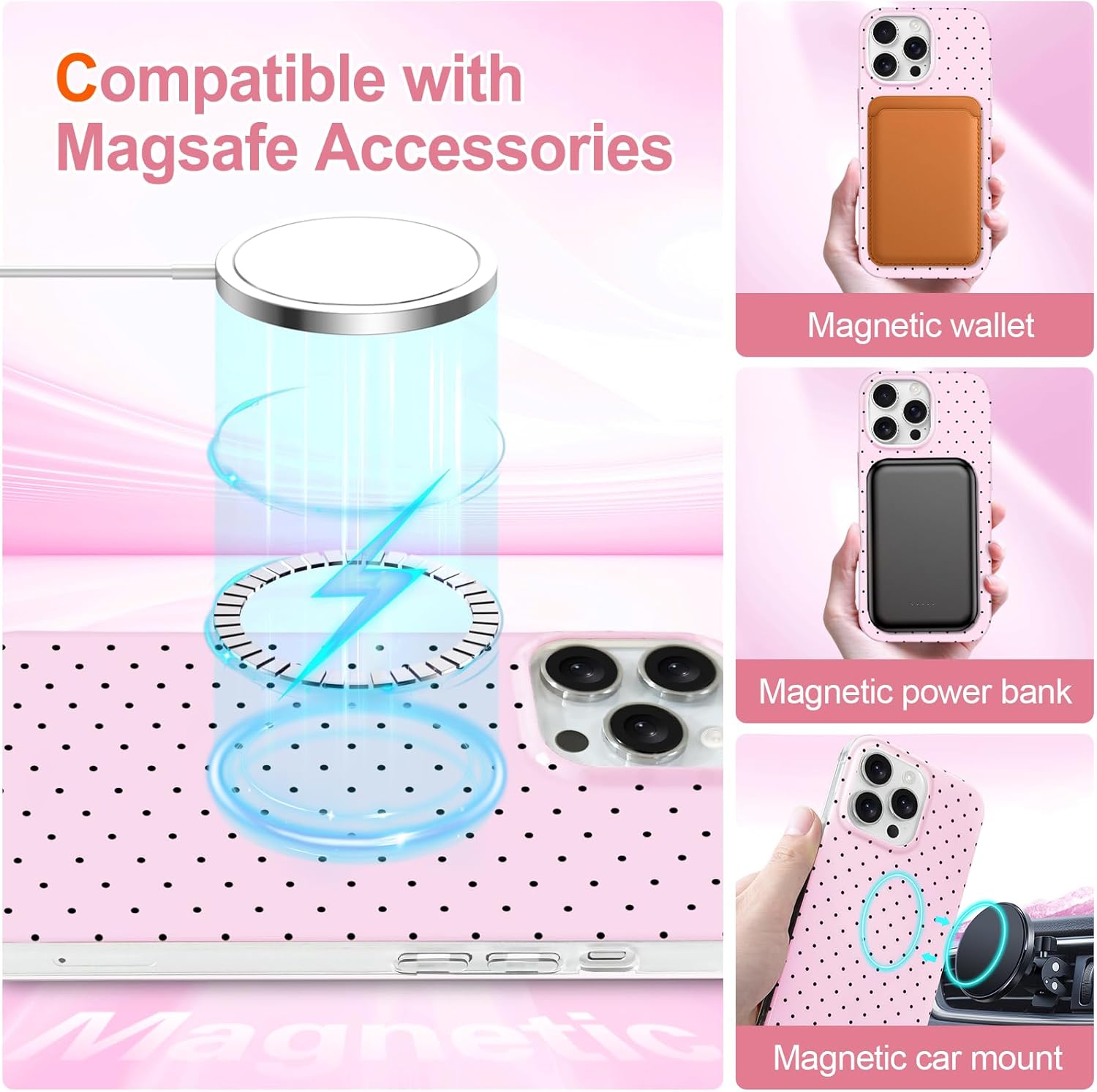 Hython for iPhone 13 Pro Case Cute Polka Dot Aesthetic Design Simple Cover 6.1", Thin Slim Anti-Scratch Soft TPU Bumper Shockproof Rubber Protective Phone Cases for Women Girls, Magnetic Pink thumbnail