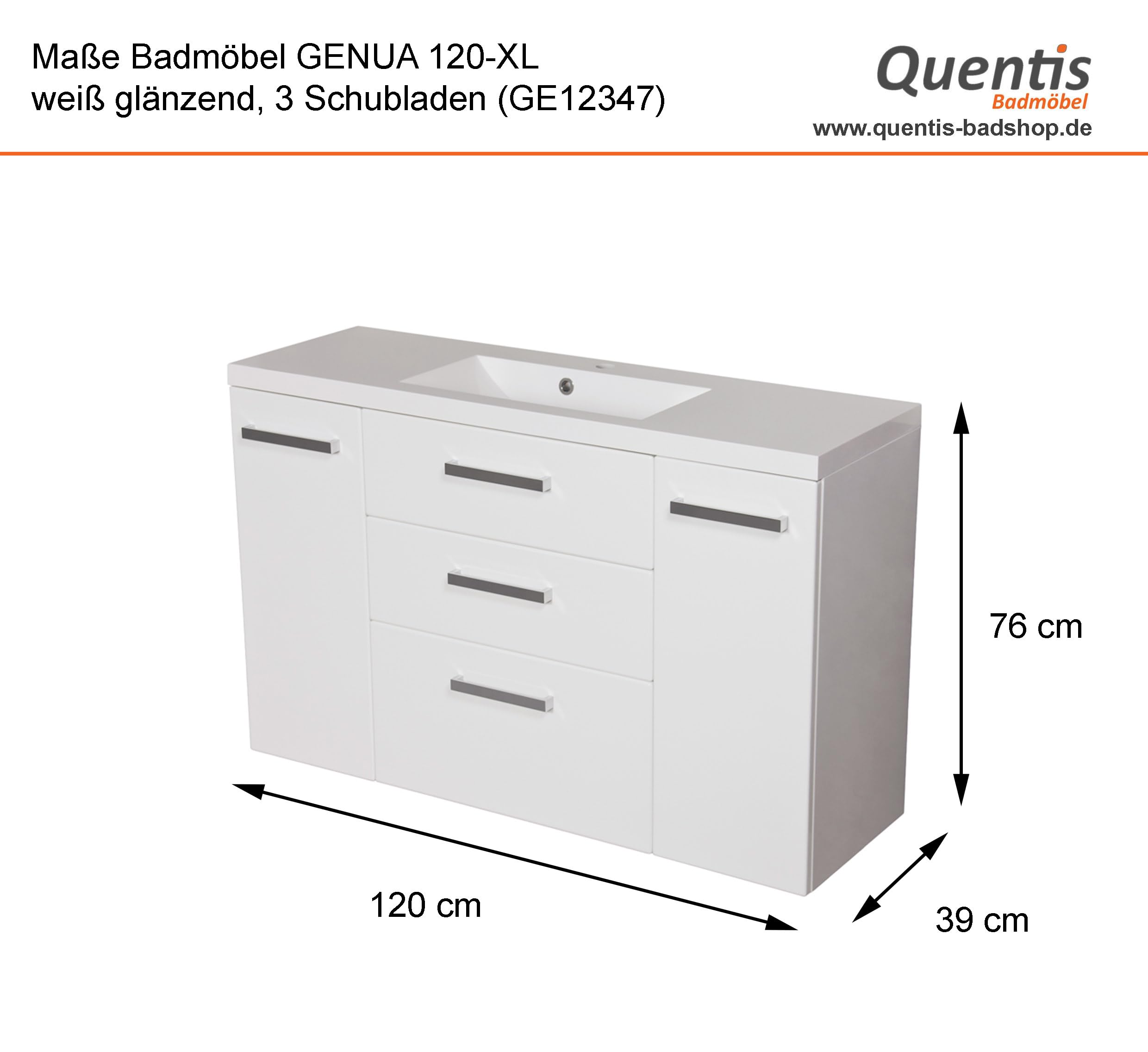 Quentis Badmöbelset Genua Breite 120 cm, weiß Hochglanz, Waschbecken mit Unterschrank, 3 Softclose-Schubladen, 2 Türen, Waschbeckenunterschrank montiert