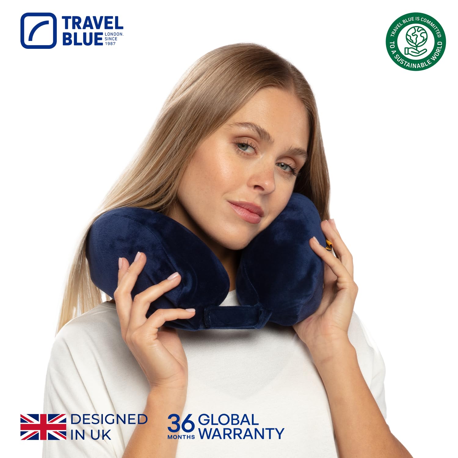 Travel Blue Coussin de Voyage en Mousse à Mémoire de Forme - Oreiller Ergonomique et Léger pour Le Cou - Ajustable Coussin pour Avion, Voiture et Bureau - Support pour Tête, Cou et Colonne (Navy)
