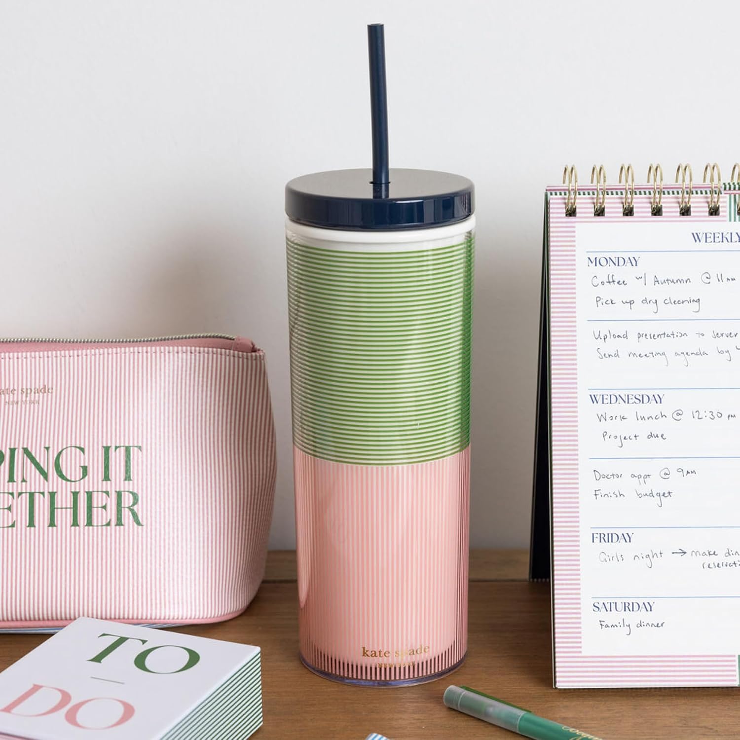 kate spade new york Acrylic Tumbler with Lid and Straw, 24 oz Tumbler, Slim Double Wall Tumbler (Petite Stripe)