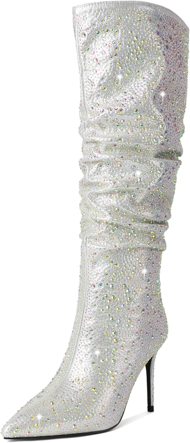 Zamikoo Slouchy High Heel Boots for Women, Knee High Stiletto Heel Boots, Pointed Toe Slouch Stretch Tall Boots Pull On 3.5 Inches