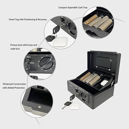 Miniatura 5 de Caja de efectivo con cerradura, con sistema de seguimiento y doble bloqueo, caja de dinero con bandeja de efectivo, caja fuerte con llave, bolsa de