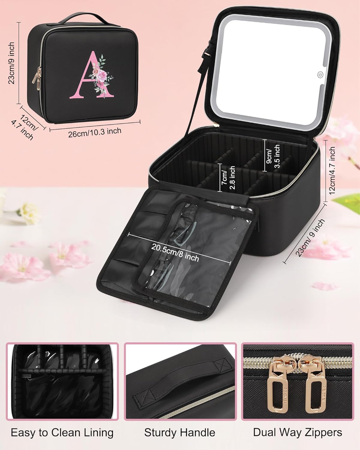 Relavel Valentine's Day Gifts for Teen Girls Women Girlfriend, Initial Makeup Bag with LED Mirror Travel Cosmetic Organizer Train Case for Grandkids Graduation Teacher, Trendy Stuff, Black A - Image 6