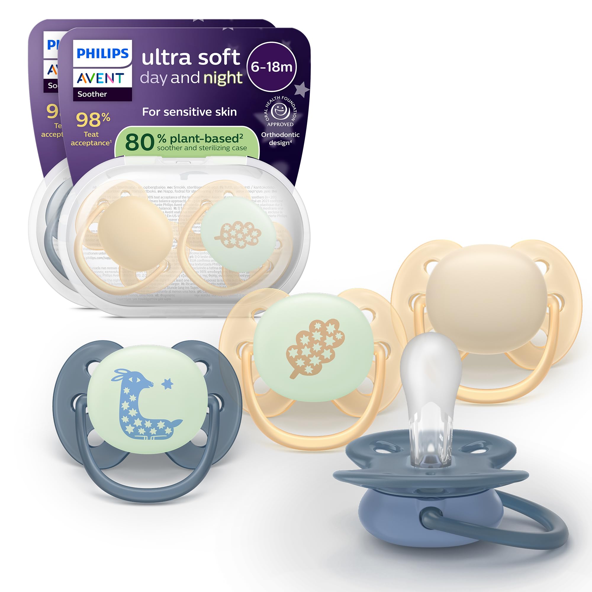 Philips Avent Ultra Soft Day & Night Soothers - Orthodontic Design, for Babies 6-18 Months, Glow in The Dark, Symmetrical Silicone Teat, BPA-Free, Sterilising Cases, 4 Pack, SCF094/10