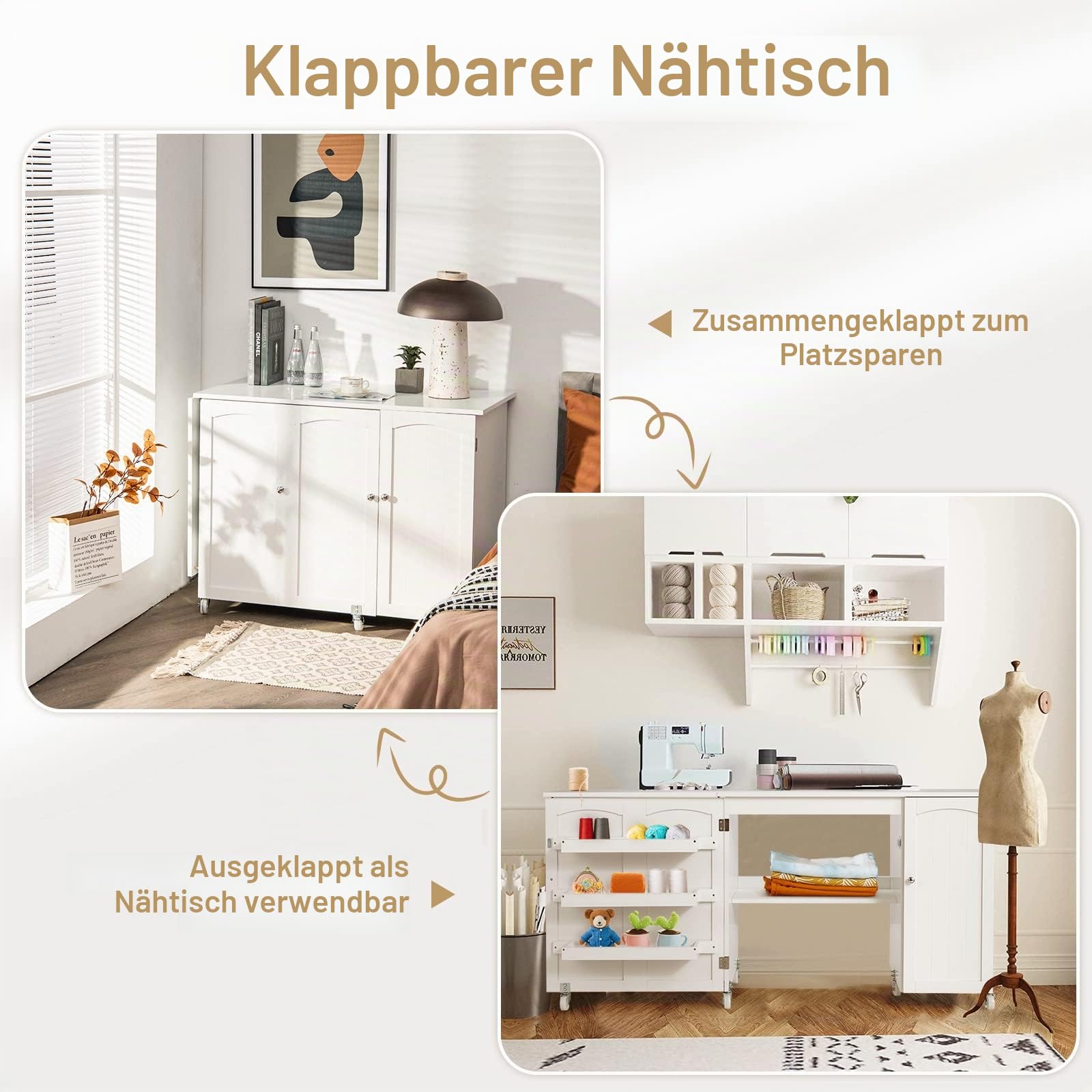 GIANTEX Nähtisch klappbar, Nähschrank auf Rollen, Nähmaschinentisch Nähtisch für Nähmaschine, Nähmaschinenschrank mit Arbeitsplatte & Ablagen & Tür, Mehrzwecktisch Basteltisch Holz 158,5x50x74cm