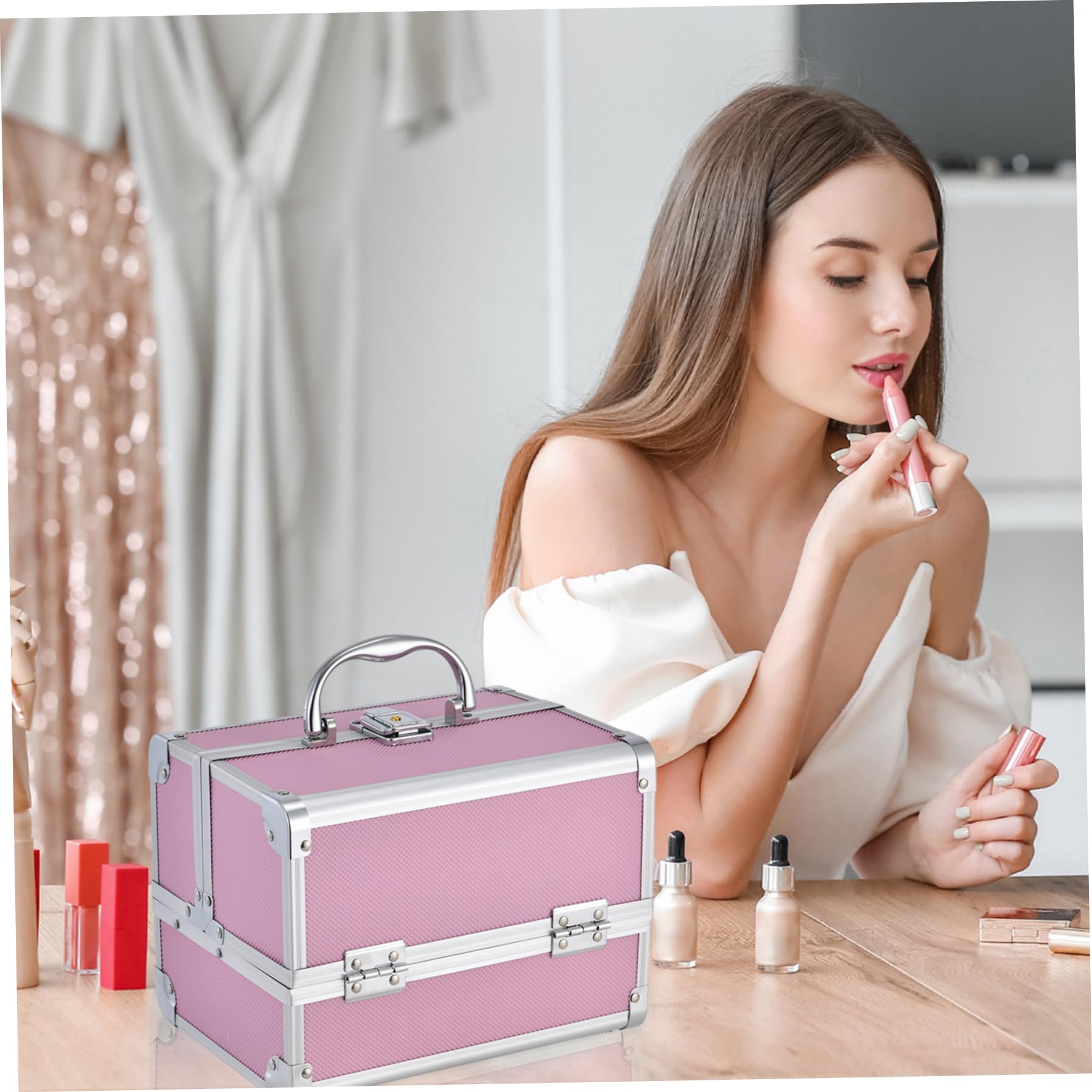 Boxep Box con specchio 7x7x9 in organizzatore di casse al trucco estendibile portatile a 3 strati con stoccaggio di trucco a blocchi per cosmetologo di viaggio