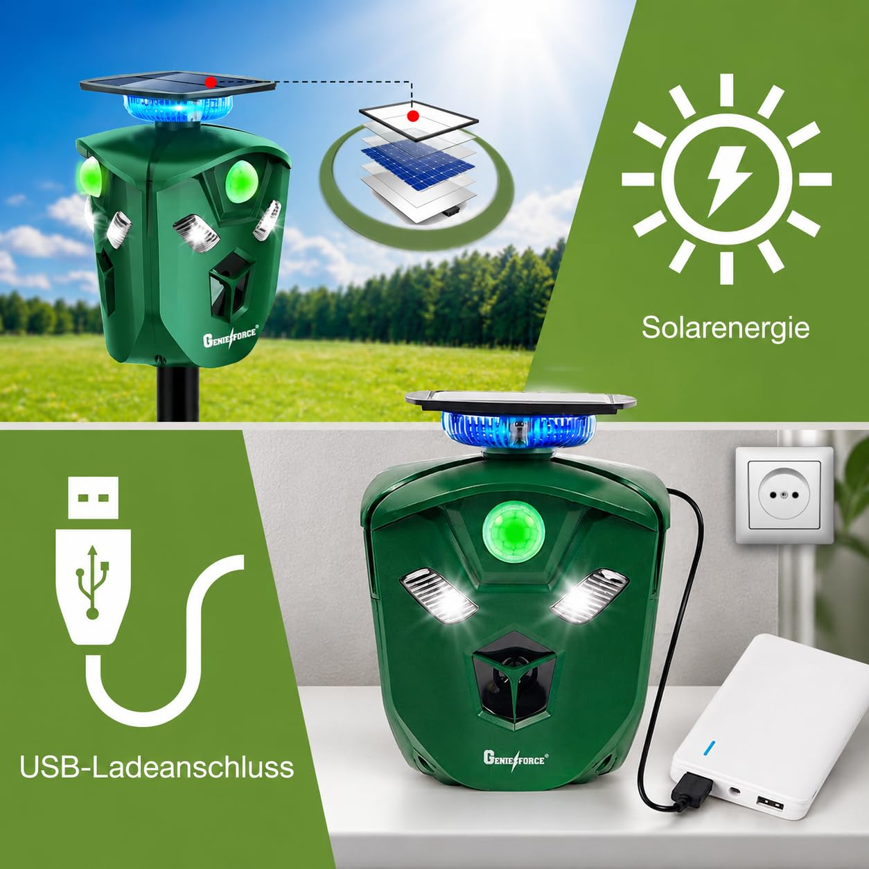 Genieforce® Combat+ Smart 360° ultradźwiękowy odstraszacz zwierząt, odstraszacz zwierząt, ochrona przed kotami, psami, kunami, lisami, ptakami, gryzoniami, wodoszczelny, solarny, 2200 mAh, inteligentne czujniki PIR, GF-EM-75