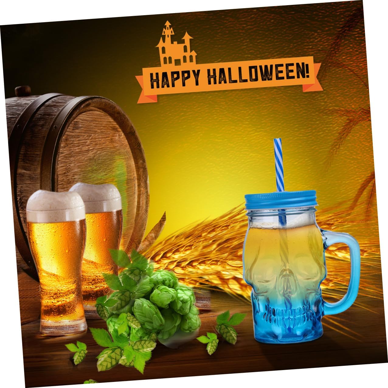 ARTIBETTER 2pcs Halloween Gradient Blue Skull Glasses with Handle 500ml Party Beer Glasses with Lid and Straw Skull Glass Halloween Drinkware for Decor and Entertaining Random Color