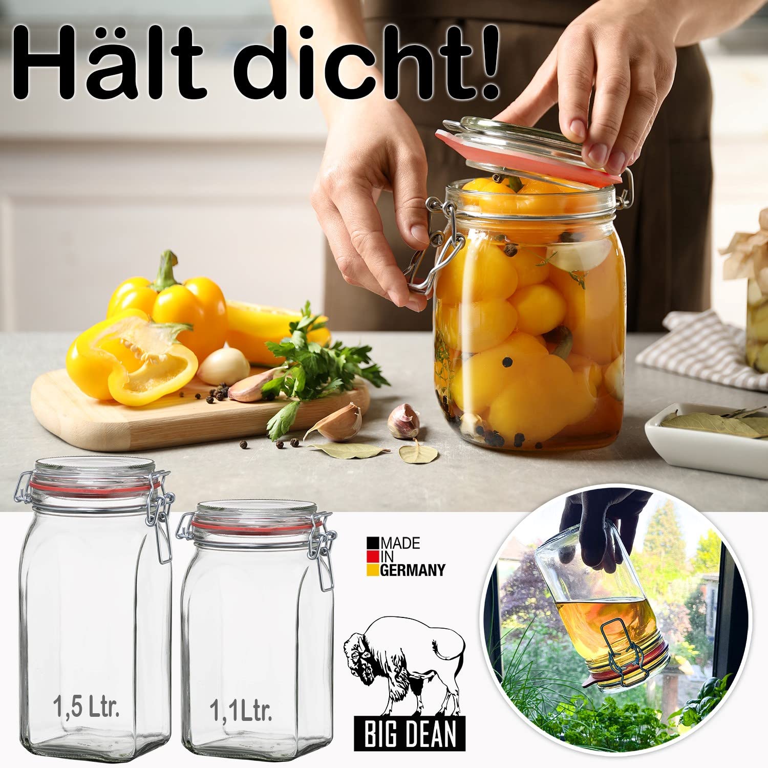 BigDean 12er Set Vorratsgläser 1,1L - Einmachgläser mit Deckel & Bügelverschluss - Made in Germany - Drahtbügelgläser zum luftdichten Aufbewahren, Einlegen & Einkochen - Glas, eckig