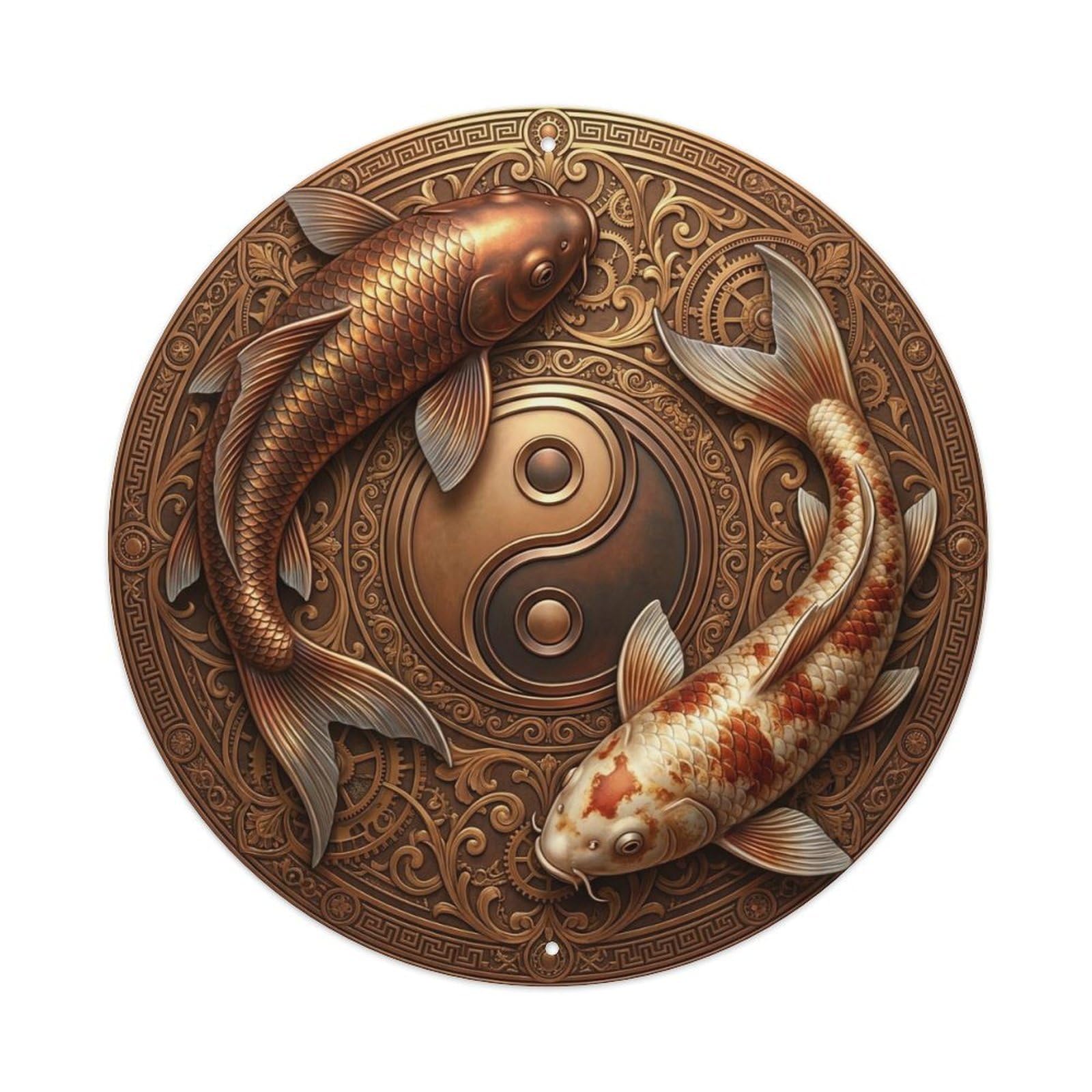 TaiChi Koi Fish Copper Bronze Metal Rustic Metal sign
