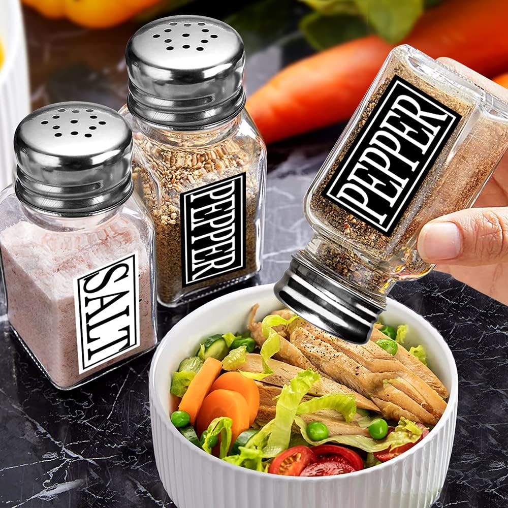Clear Glass Salt and Pepper Shakers Set ,Cute Farmhouse Pepper and Salt Shaker Sets with Stainless Steel Lids and "Salt" and "Pepper" font label (B+W) : Everything Else