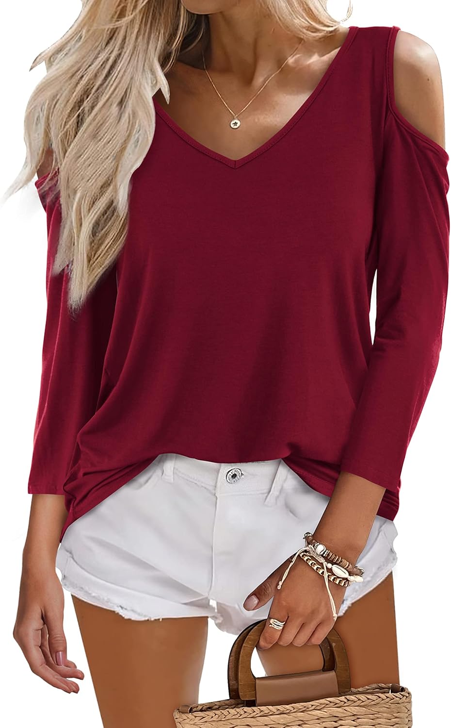 Amoretu Women's Short Sleeve Shirts Cold Shoulder Tops V Neck Blouse Tunic Shirts - Image 3