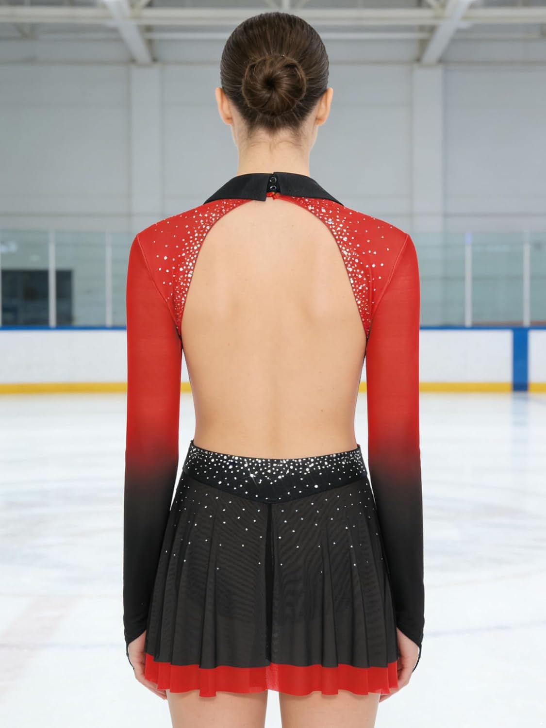 JEATHA Women Ice Skating Bodysuit Dress Backless Gymnastics Costume Latin Dance Leotard Rhinestone Mesh Skirt