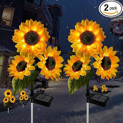 2 Pack Sunflower Solar Lights Outdoor Decor with 3 LED Sunflower Yellow Flower Lights Decorative Waterproof for Patio Lawn Garden Yard Pathway Decoration