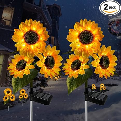 2 Pack Sunflower Solar Lights Outdoor Decor with 3 LED Sunflower Yellow Flower Lights Decorative Waterproof for Patio Lawn Garden Yard Pathway Decoration