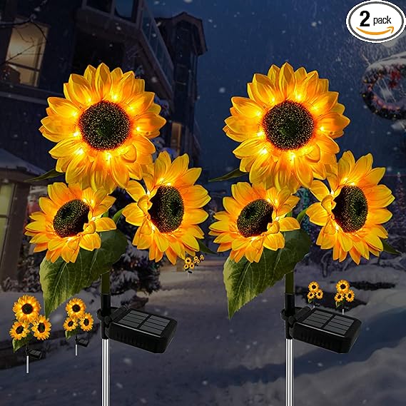 2 Pack Sunflower Solar Lights Outdoor Decor with 3 LED Sunflower Yellow Flower Lights Decorative Waterproof for Patio Lawn Garden Yard Pathway Decoration