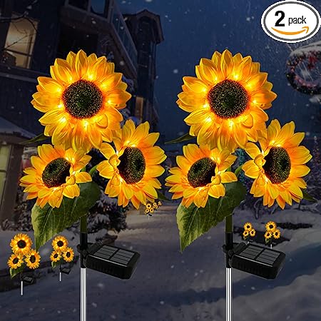 2 Pack Sunflower Solar Lights Outdoor Decor with 3 LED Sunflower Yellow Flower Lights Decorative Waterproof for Patio Lawn Garden Yard Pathway Decoration