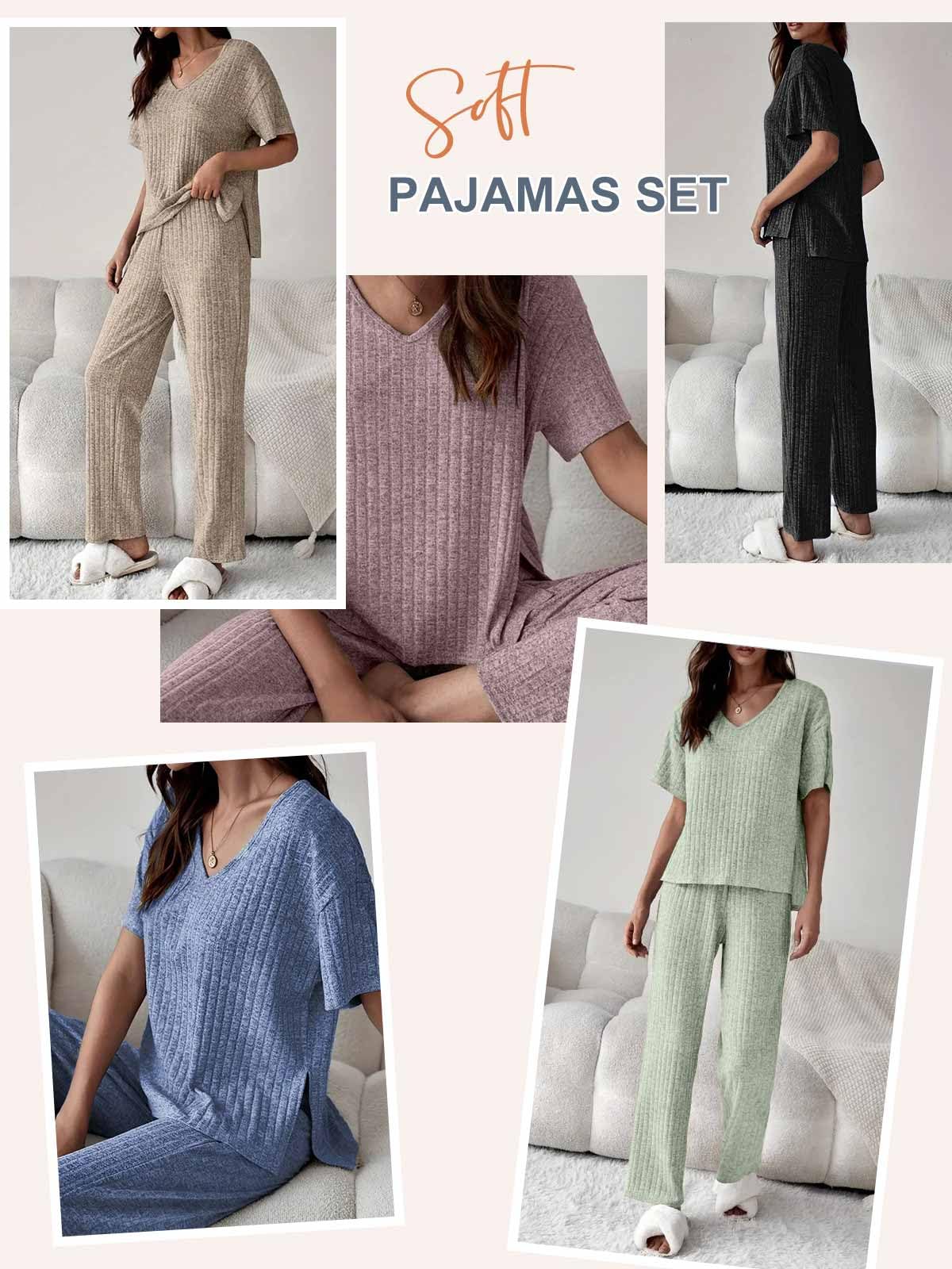 CheChury Ensemble Femme Pantalon et Haut Fluide 2 Pièces Manches Courtes Top Pantalon avec Poches Ensemble Deux Pièces Loungewear Casual Outfit Été Automne Survêtement Suit