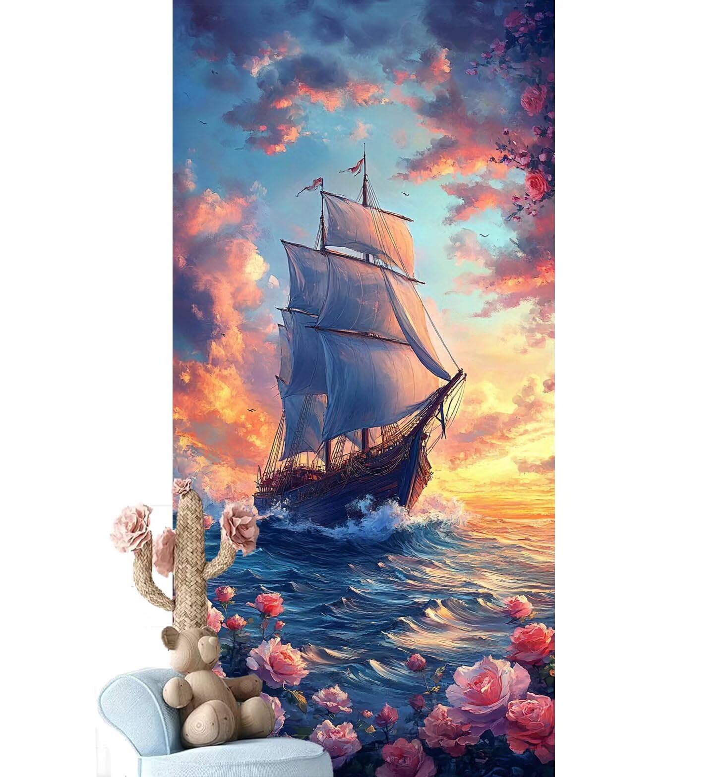 Dipingere con i Numeri per Adulti Bambini, Paint by Numbers con Pennelli Pittura a Pigmento Acrilico, Fai Da Te pittura di Numeri Kit Decora la casa Regalo (Senza Cornice)- Nuvole,Barca 90x260cm V-912