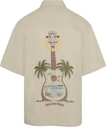 Bamboo Cay Mens Ukulele Island, Short Sleeve Embroidered Tropical Style Button Up Shirt