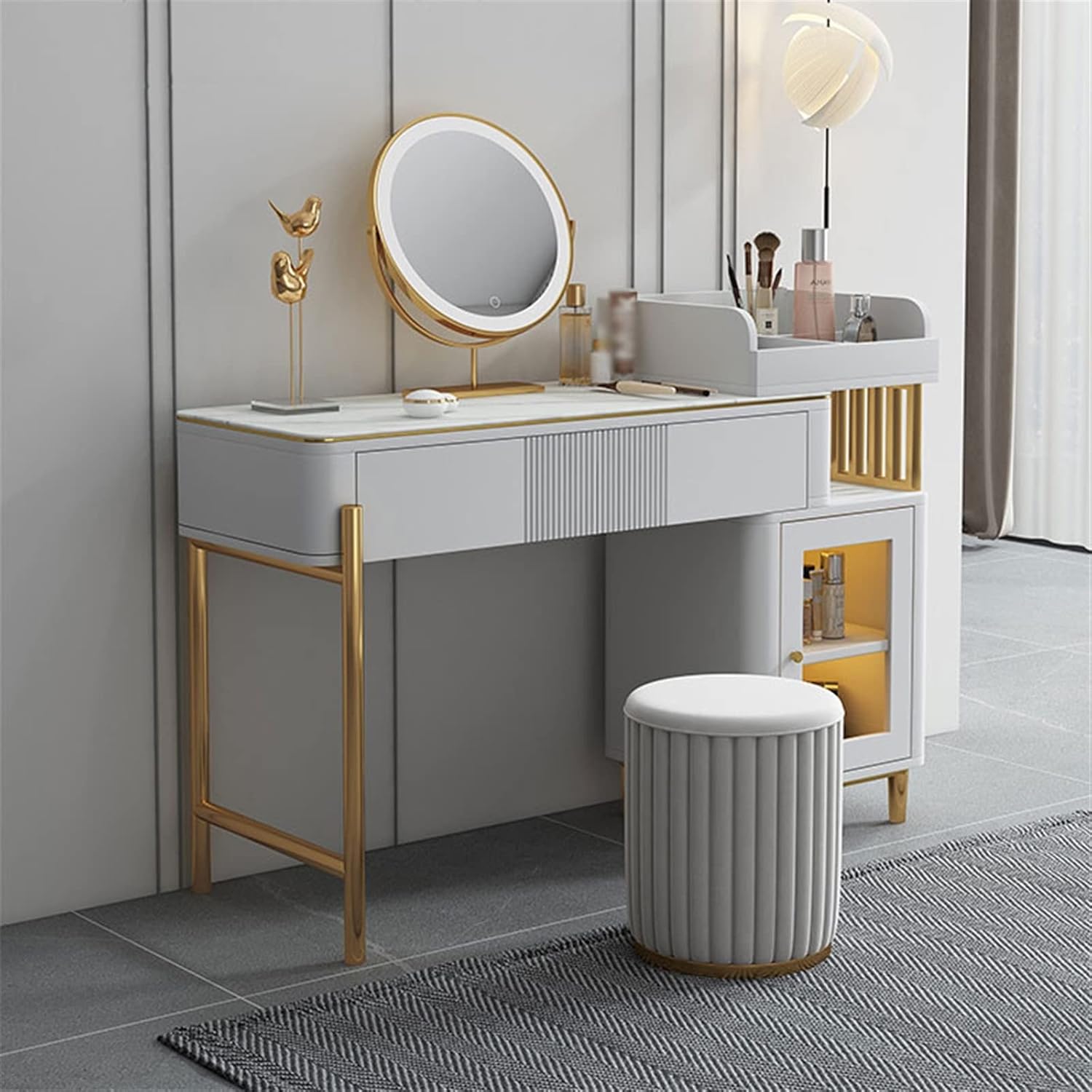Vanity Dressing Table Set Luxury Makeup Bench with 3 Colors Led Hd Mirror,Comfortable Stool Drawers Cabinet,Modern Simple Style,for Girl's Gift