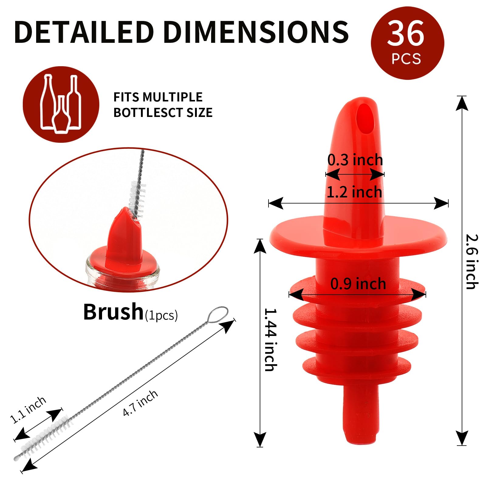 Plastic Liquor Bottle Pourers 36 Pack Classic Bottle Pourers for Alcohol, Leak-Proof, Dishwasher-Safe Pour Spouts for Liquor Bottles (Red)