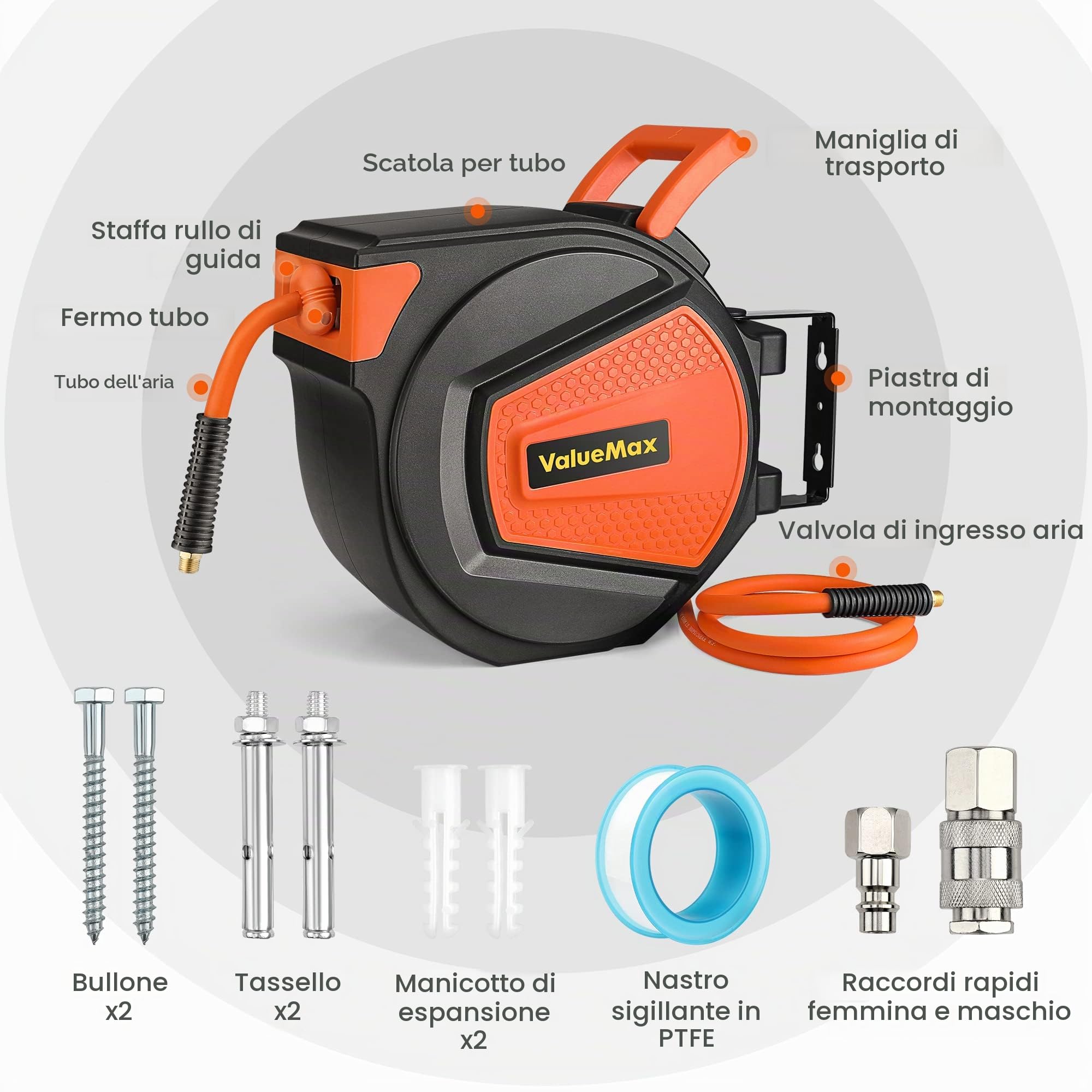 ValueMax Avvolgitubo Aria Compressa 15m+1,5m, Avvolgitubo Pneumatico con Attacco Rapido BSP da 1/4", Dispositivo di Arresto Automatico e Riavvolgitore Automatico