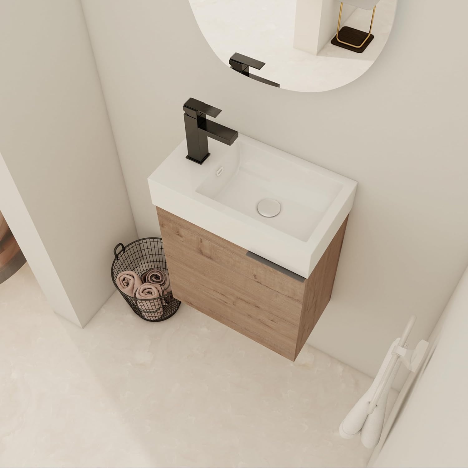 18" Small Floating Bathroom Vanity with Sink and Storage - Narrow Brown Vanity for Home