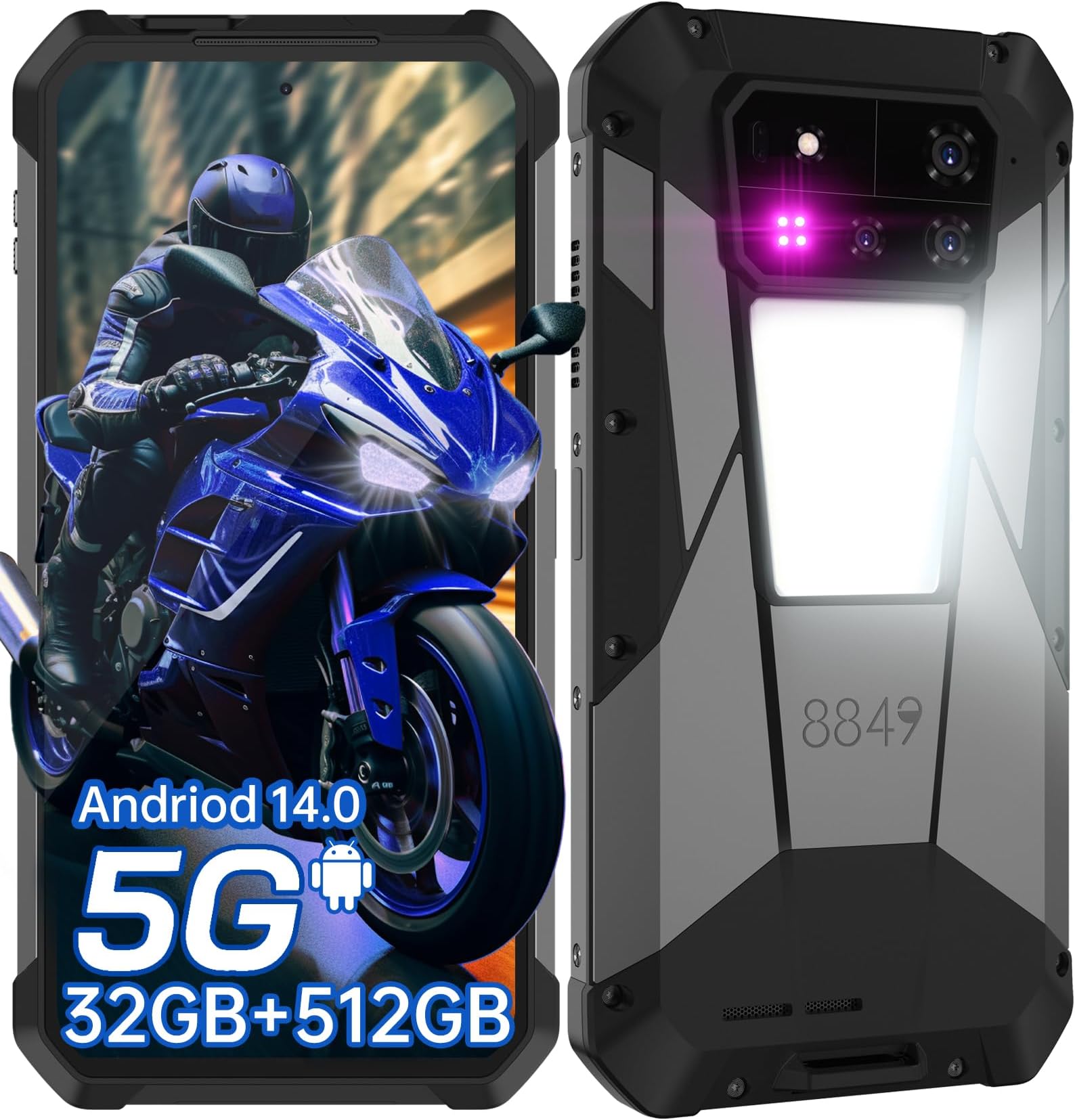 8849 Tank 4 Pro Rugged Smartphone 5G, IP68 Waterproof Android 14 Mobile Cell Phones Unlocked with Projector, 32GB+512GB, 6.73’’ AMOLED Screen, 11600mAh(120W)/1200LM Camping Light/GPS/OTG